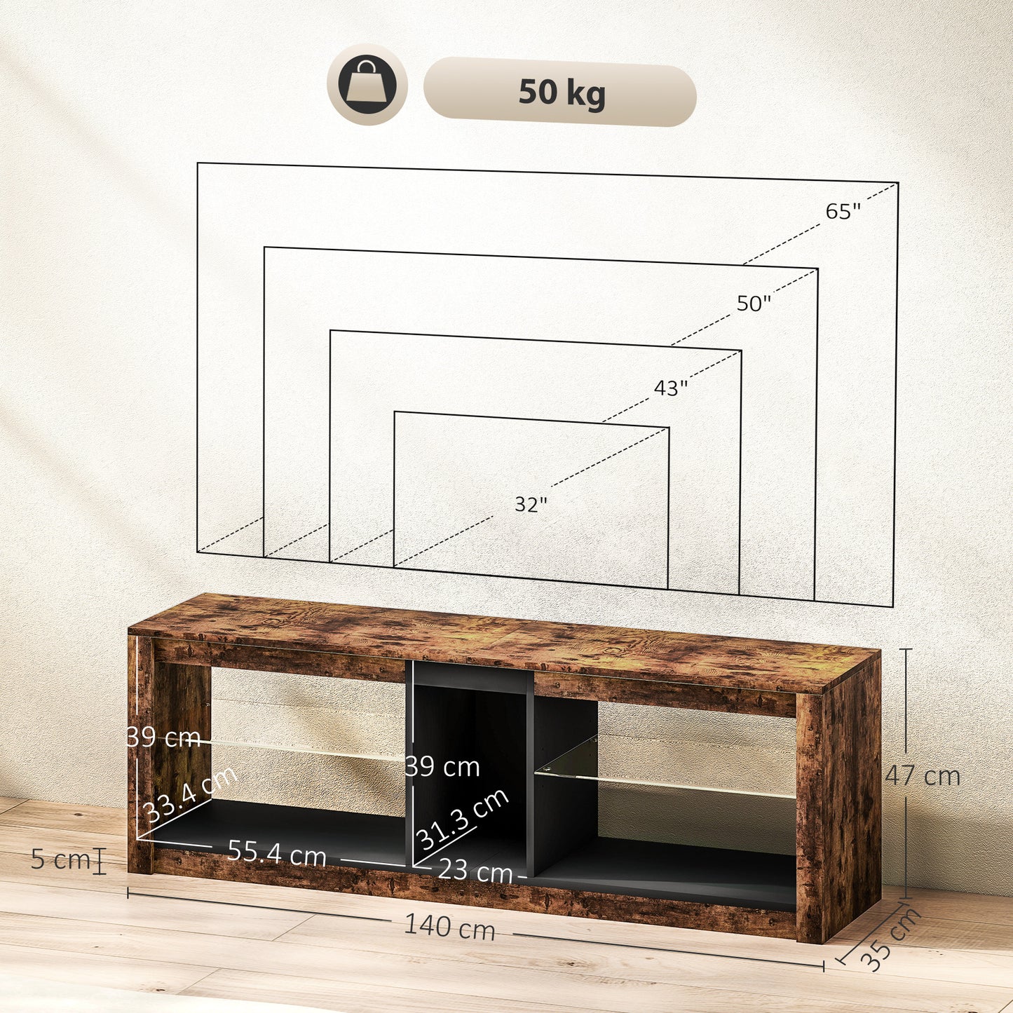 HOMCOM TV Stand Cabinet with LED Lights & Remote Control for TVs up to 65", Storage Shelves & Compartment, Rustic Brown