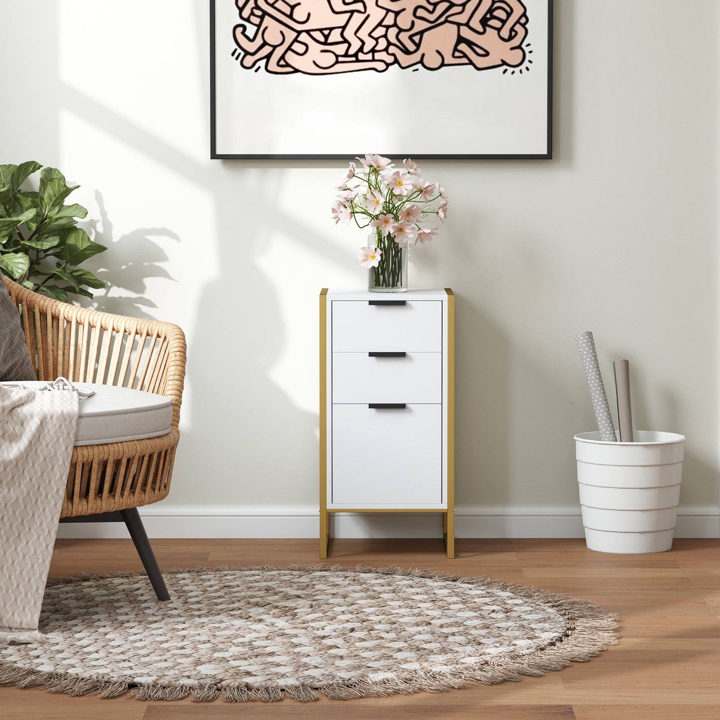 HOMCOM Bedroom Chest of Drawers, Industrial 3-Drawer Dresser, Storage Drawers Unit with Metal Frame for Living Room, White