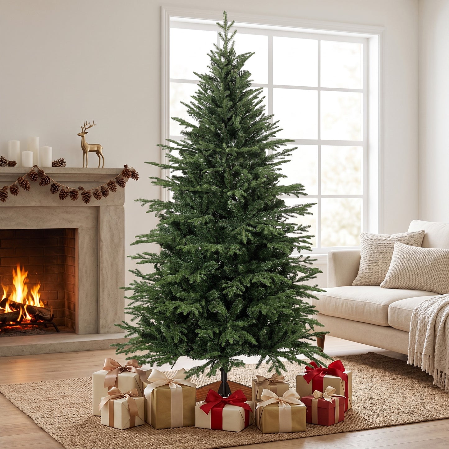 HOMCOM 180 cm Artificial Christmas Tree Full Hinged Xmas Tree Solid Pine Wood Stand, Green