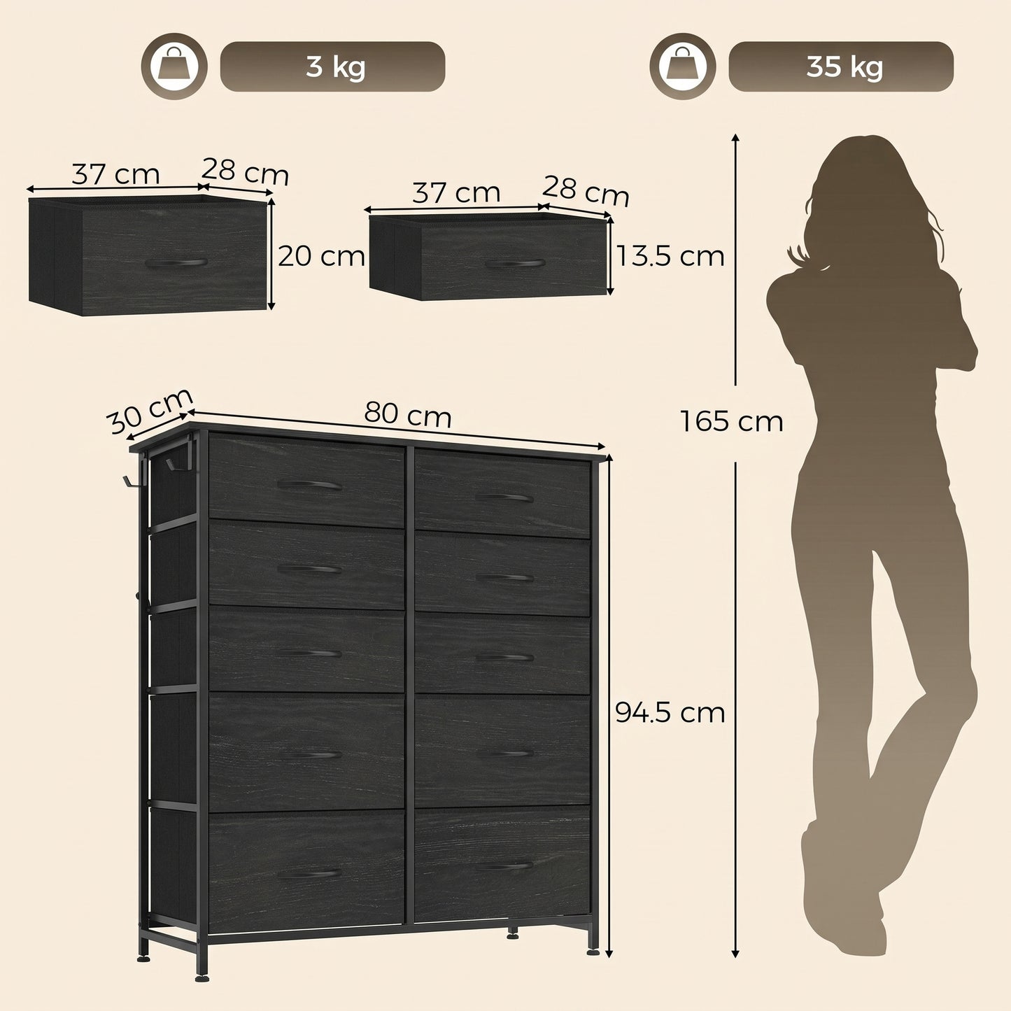 HOMCOM Chest of Drawers, Dresser with 10 Fabric Drawers, Tall Storage Unit with 4 Pockets and 2 Hooks Steel Frame, Black