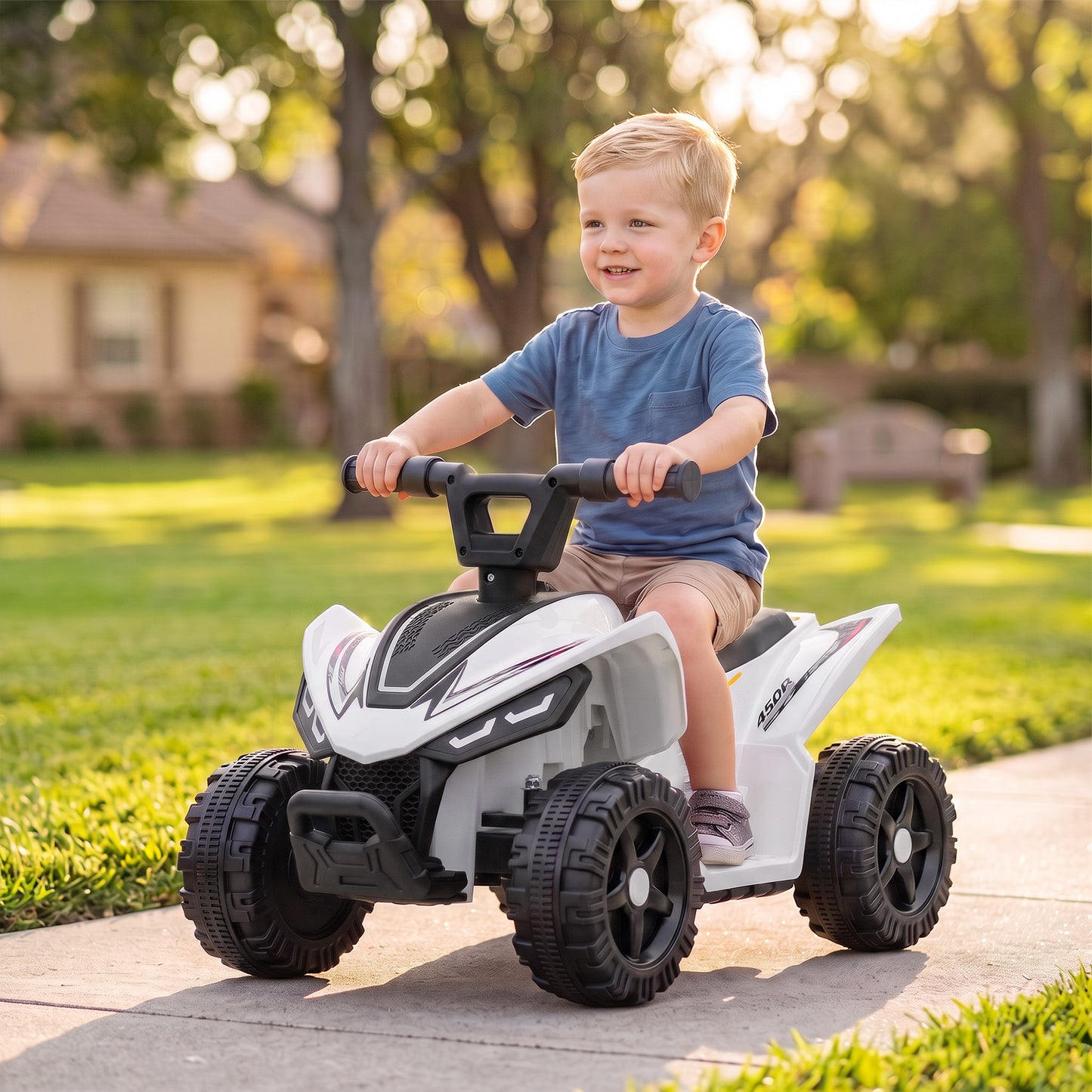 AIYAPLAY 6V Battery Powered Kids ATV, Quad Bike w/ Handlebar Button Control, Max 1.2MPH, Max 55lbs Load, for 18-48 Months, White