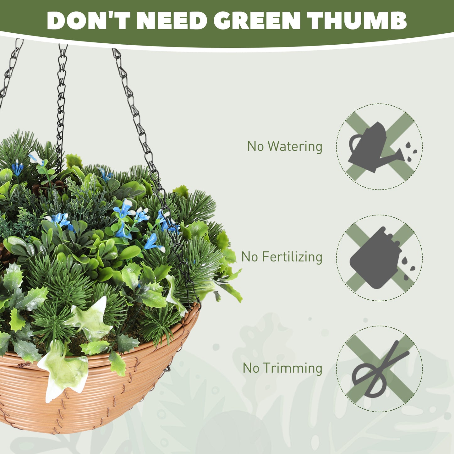 HOMCOM Artificial Flowers in Basket, Set of 2, with PE Leaves, 18 Flowers & 3 Pinecones, Decorative Faux Plant for Home/Office Decor, Green