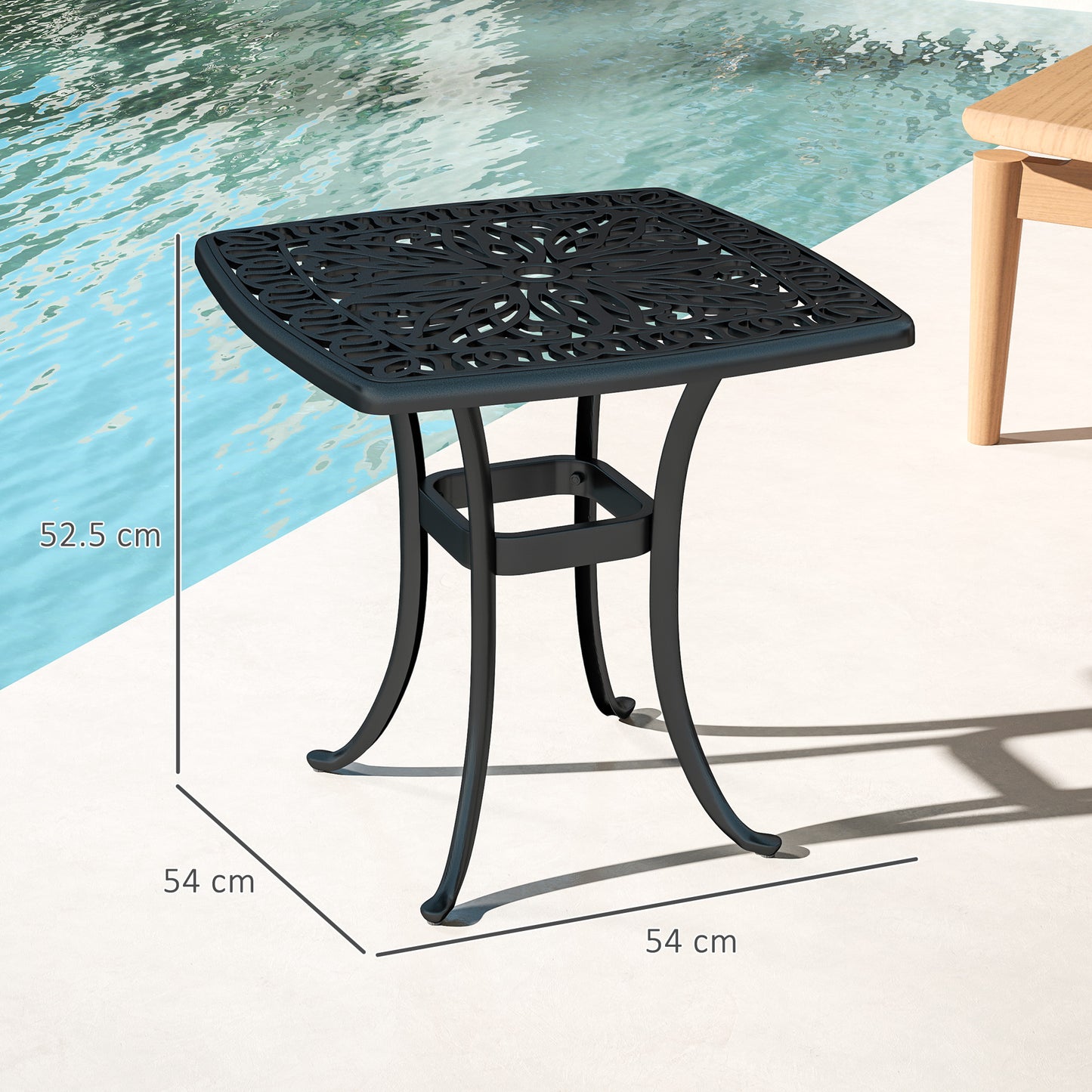 Outsunny Cast Aluminium Garden Table, 38mm Umbrella Hole, Anti-slip Feet, 54 x 54cm, Black