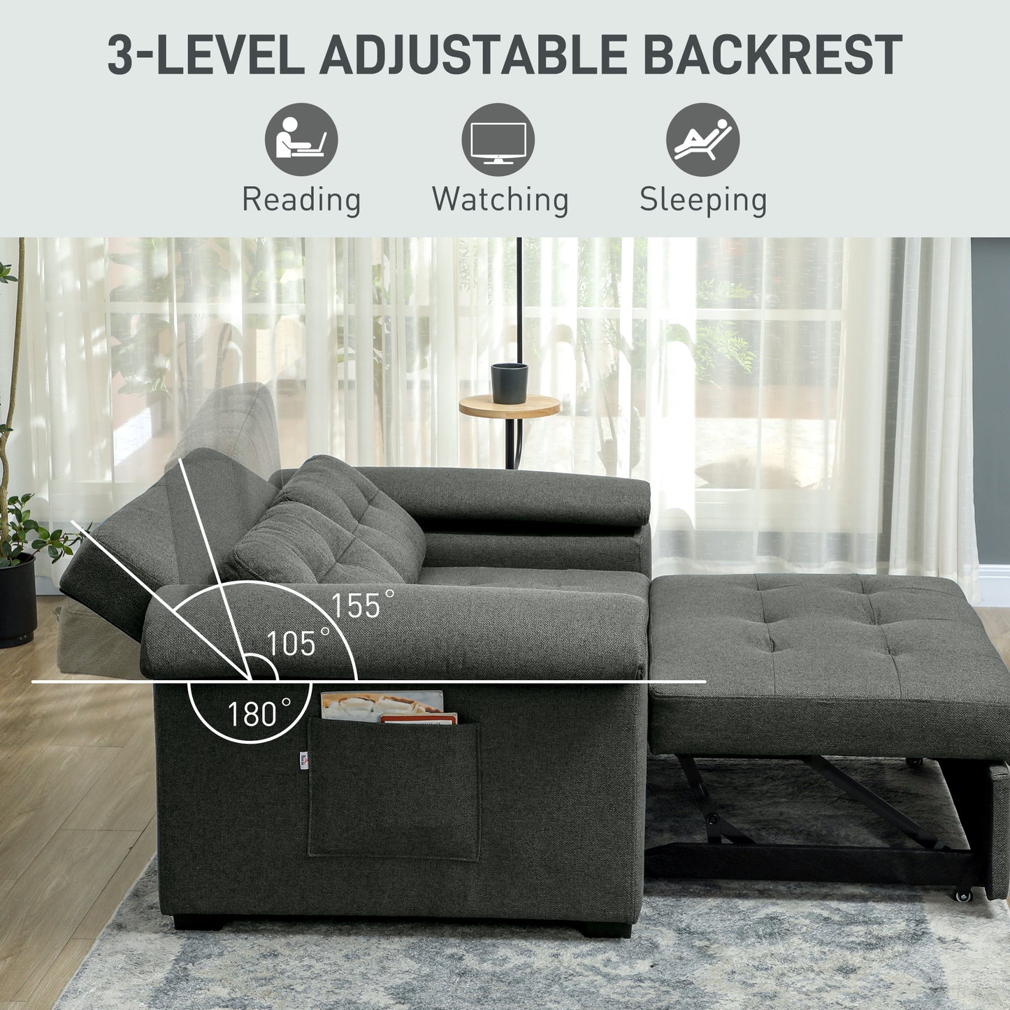 HOMCOM Pull Out Sofa Bed, 2 Seater Click Clack Convertible Couch with Pillows and Side Pockets for Living Room, Charcoal Grey