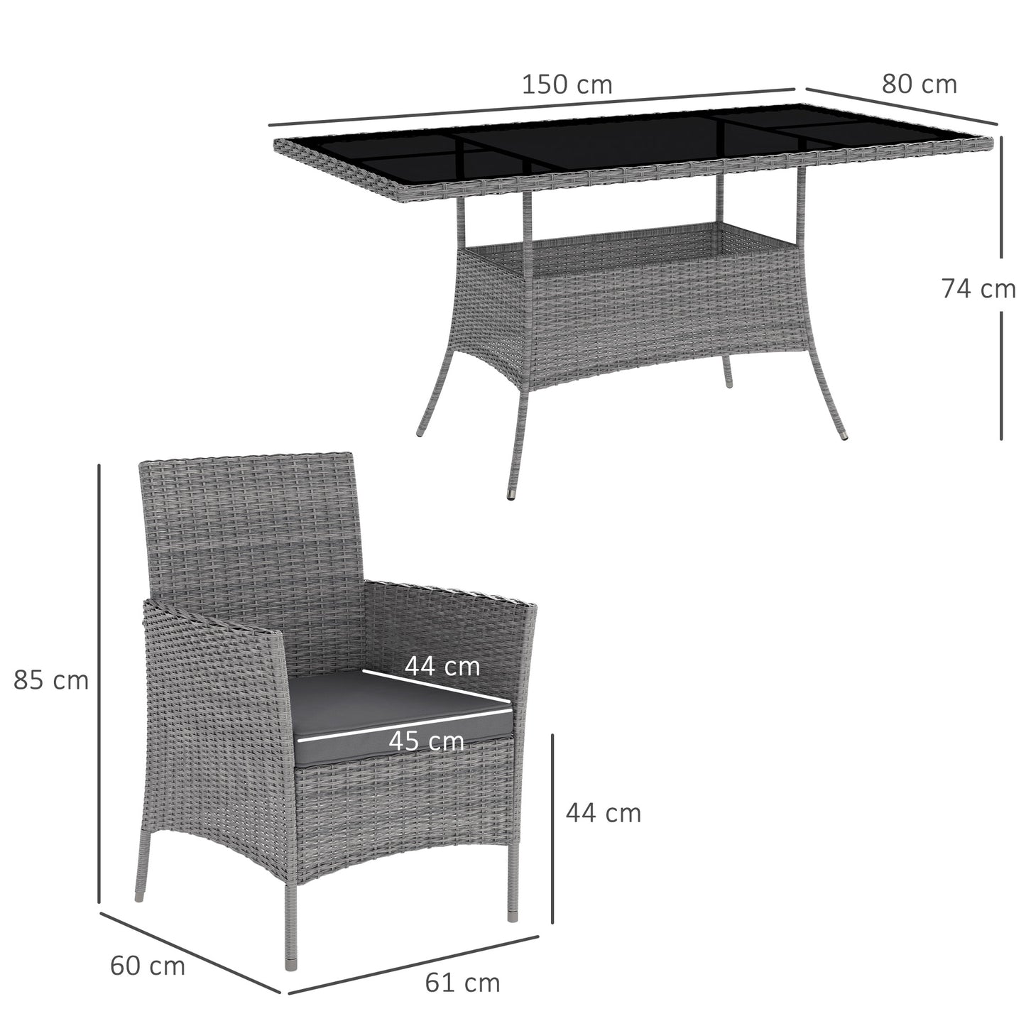Outsunny 7-Piece Rattan Garden Furniture Set with Cushions, 6 Seater Table and Chairs, Charcoal Grey
