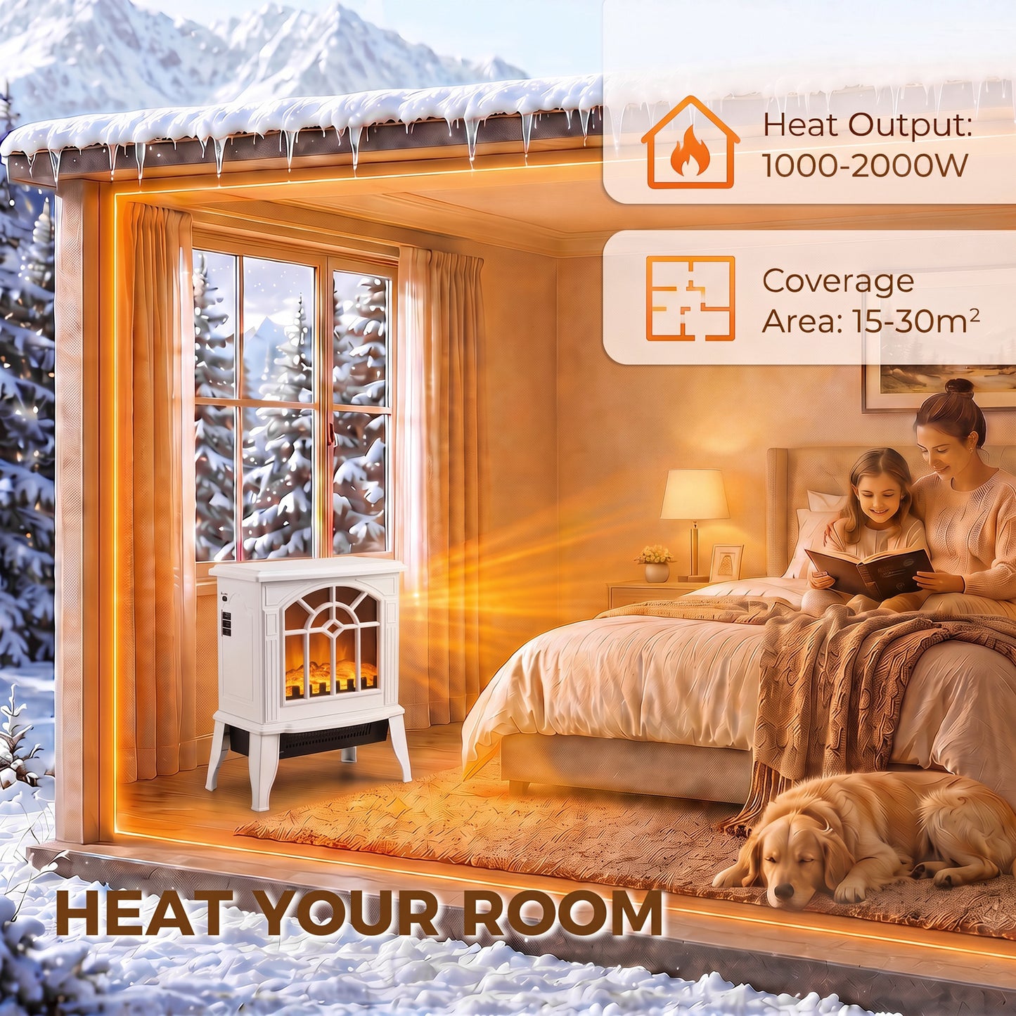 HOMCOM Freestanding Electric Fireplace, Electric Log Burner w/ LED Flame Effect, Overheating Safety System, 1000W/2000W, White