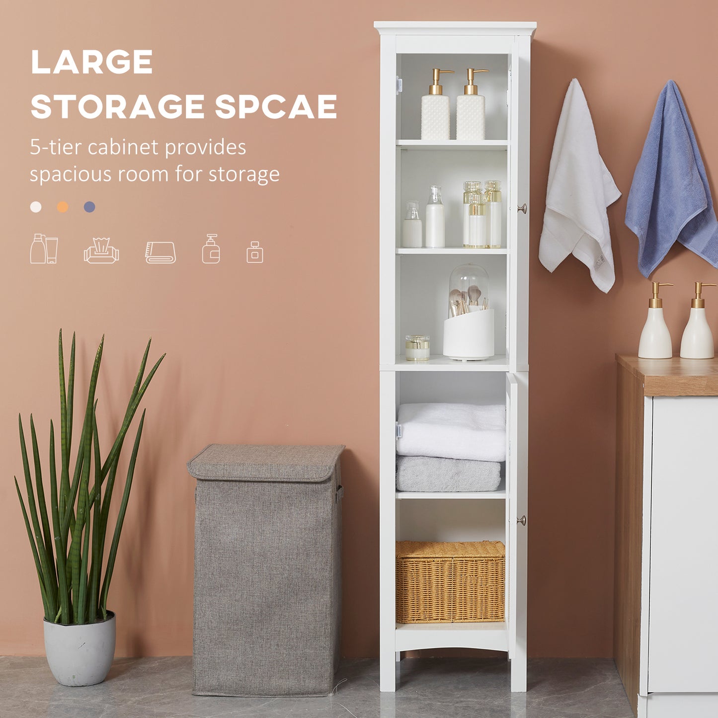 kleankin Tall Bathroom Storage Unit, Slim Bathroom Cabinet with Adjustable Shelves and Double Door, White