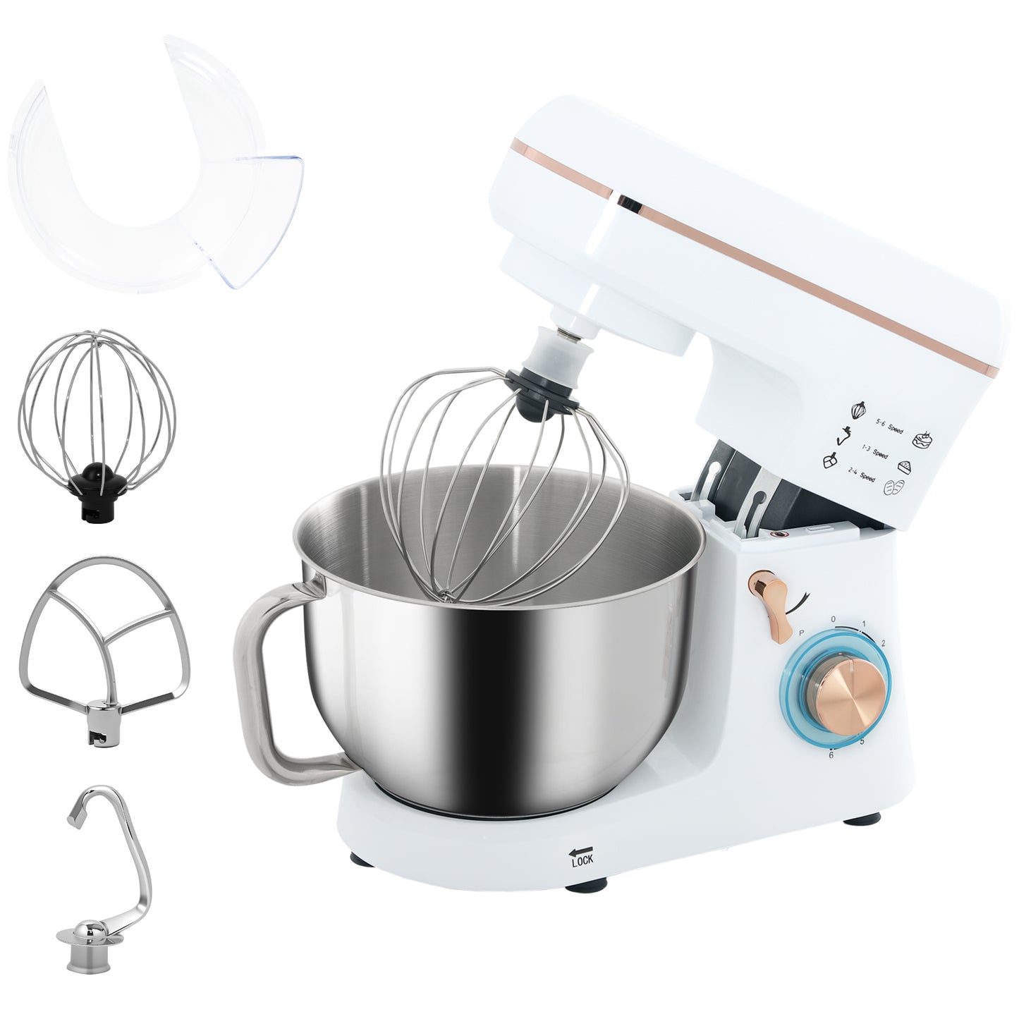 HOMCOM Stand Mixer, 5L, 1400W, 6 Speeds, Pulse, Hook, Whisk, Stainless Bowl, Splash Guard, Beater, White