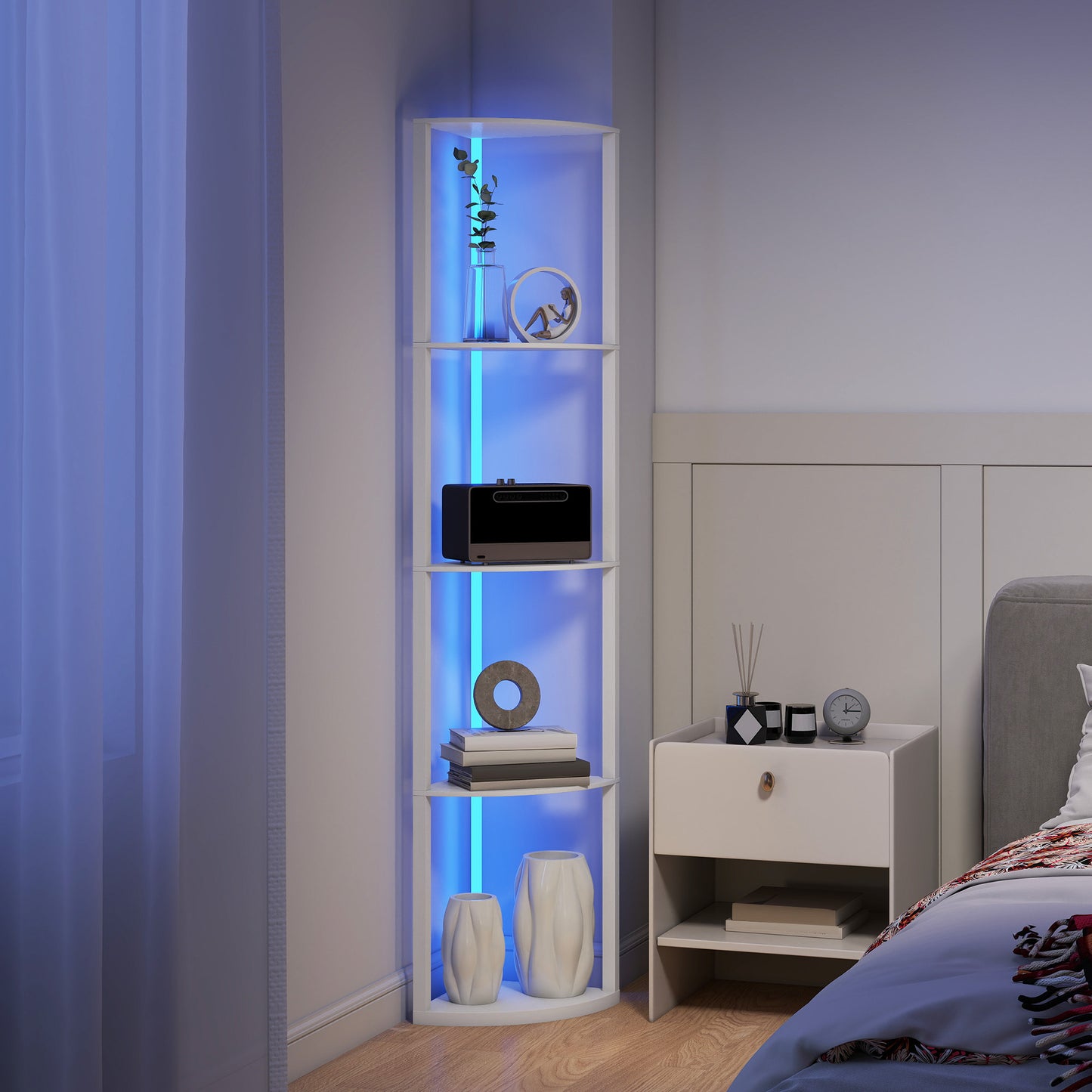 HOMCOM LED Floor Lamp with Shelves, 5-Tier Dimmable Standing Lamp, Adjustable Brightness, Remote Control, Corner Display Shelf Unit, White