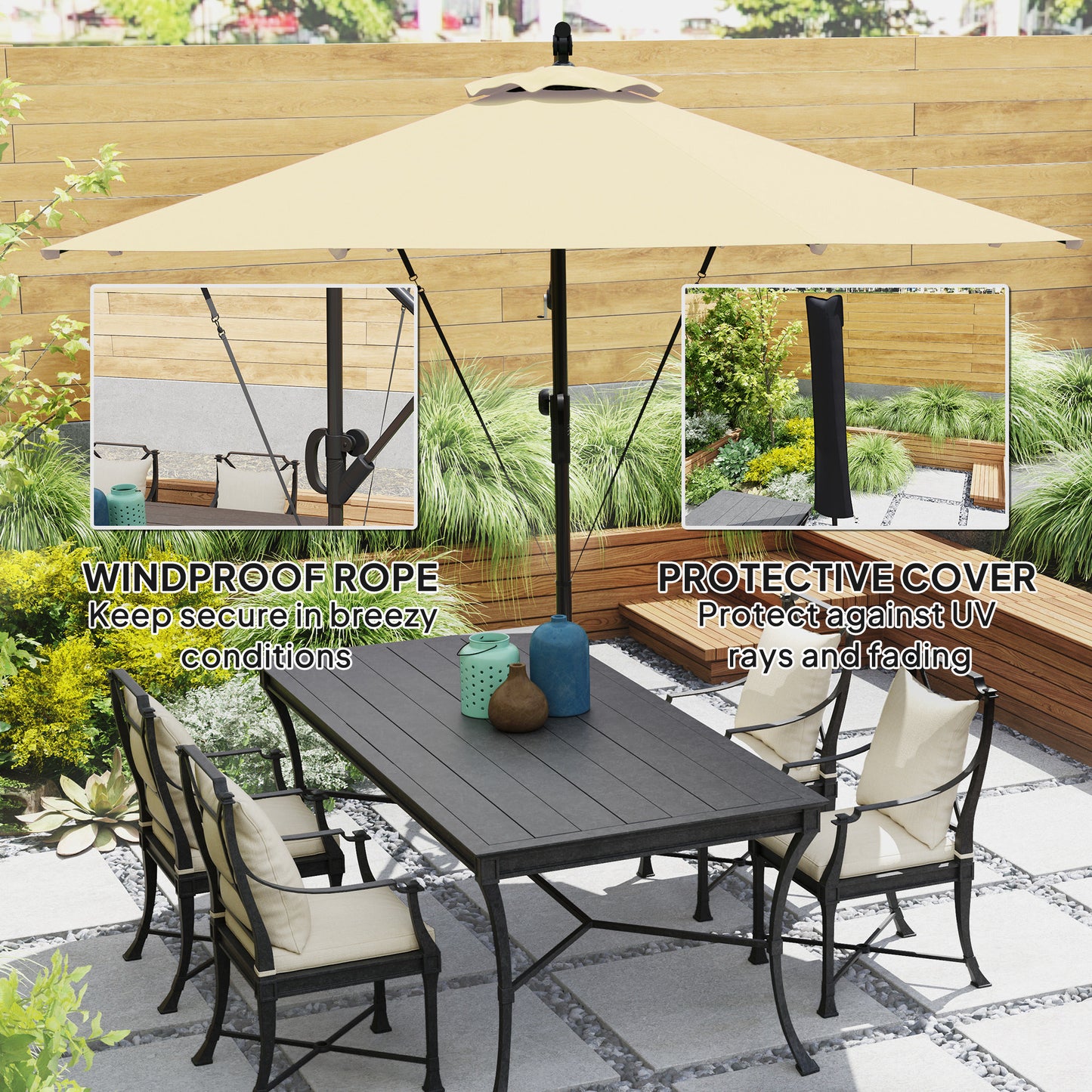 Outsunny Garden Cantilever Parasol with Cover & Strap, Round Umbrella with Crank & Tilt, UPF50+ Banana Patio Shade, Khaki