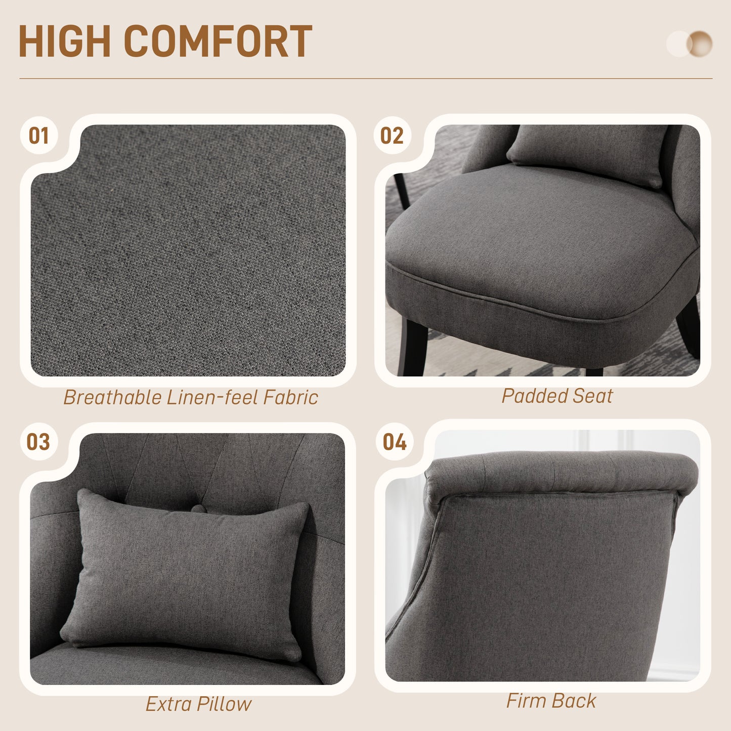 HOMCOM Fabric Single Sofa Dining Chair Tub Chair Upholstered W/ Pillow Solid Wood Leg Home Living Room Furniture Charcoal Grey