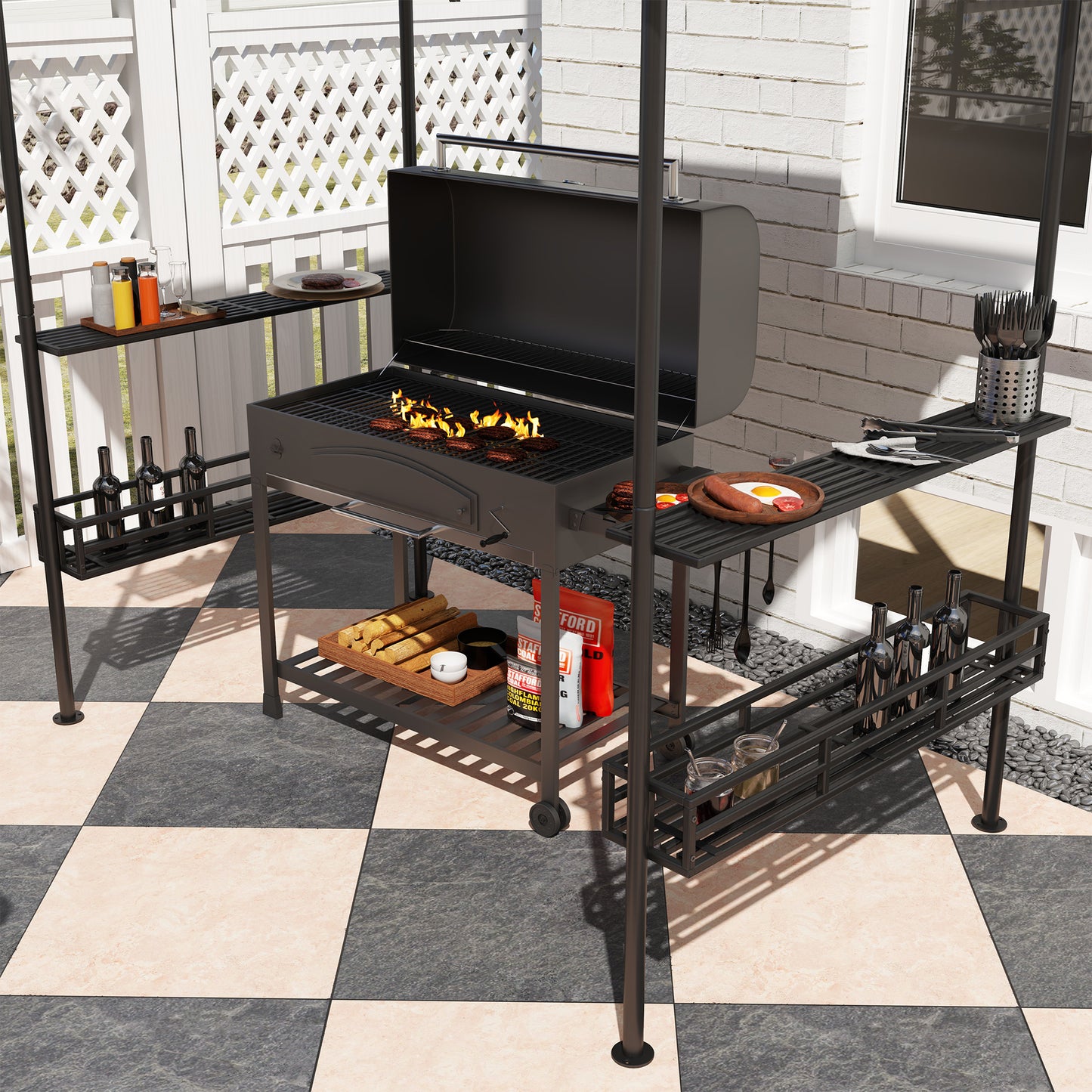 Outsunny 8' x 5' Grill Gazebo, Double Tier Canopy with Side Shelves, Baskets, Hook for Garden/Patio, Beige