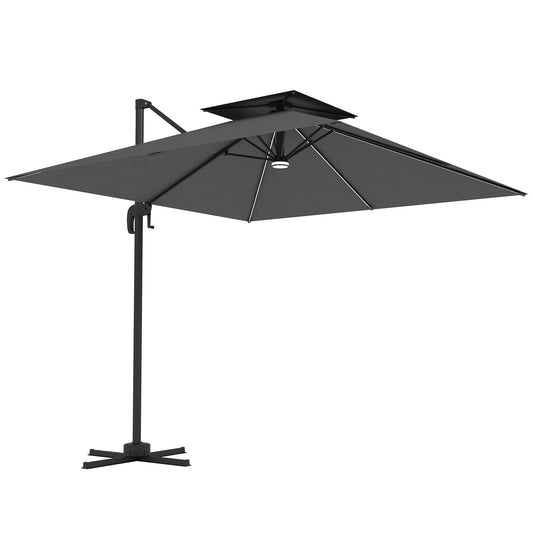 Outsunny 2.5m Cantilever Parasol with Solar Powered LED Lights, 360° Rotation, Tilt Adjustment, Crank Handle, Dark Grey