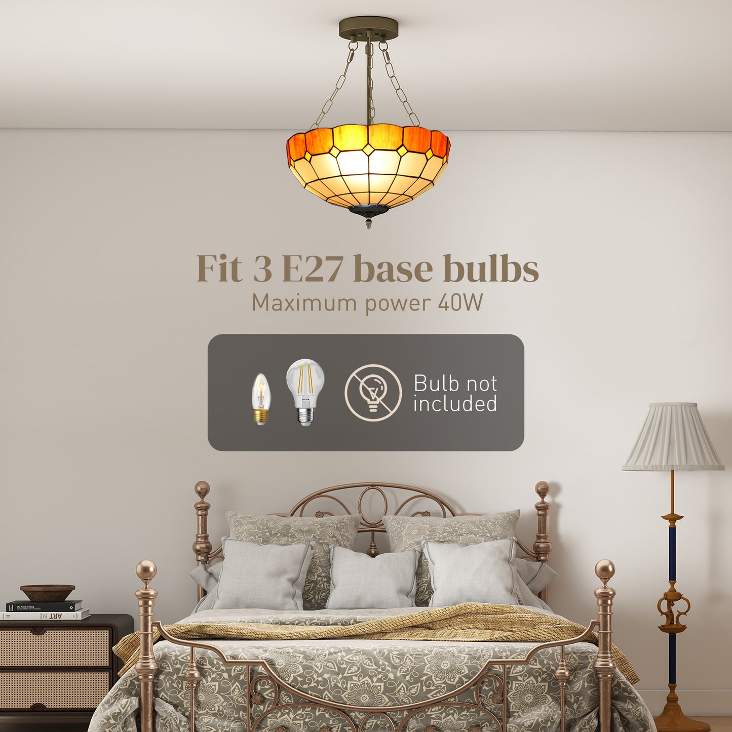 HOMCOM Tiffany Style Ceiling Light, Vintage Chandelier with 3 E27 Sockets, Semi Flush Mount for Living Room, Bulbs Not Included