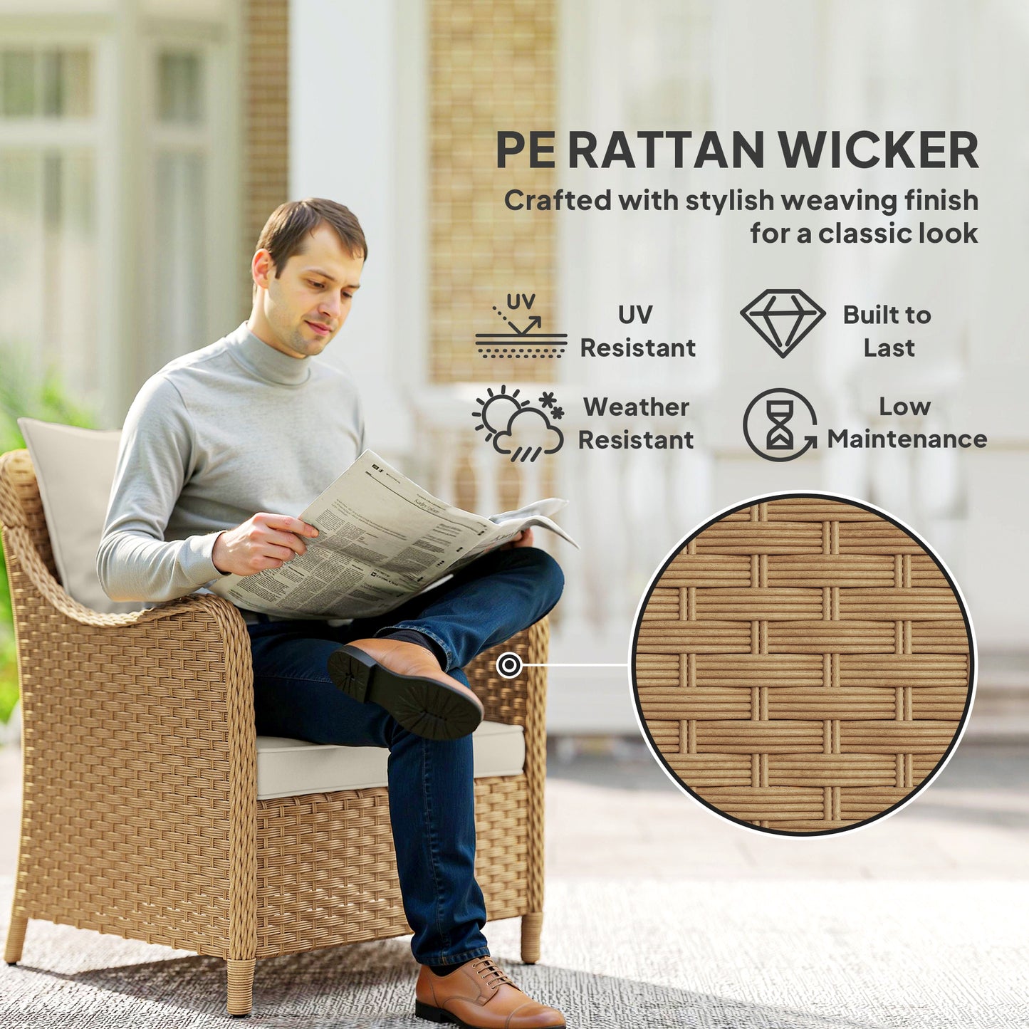 Outsunny Rattan Garden Chairs Set of 2, Outdoor with Cushions, Armrests, High Back, Steel Frame for Balcony, Porch, Beige