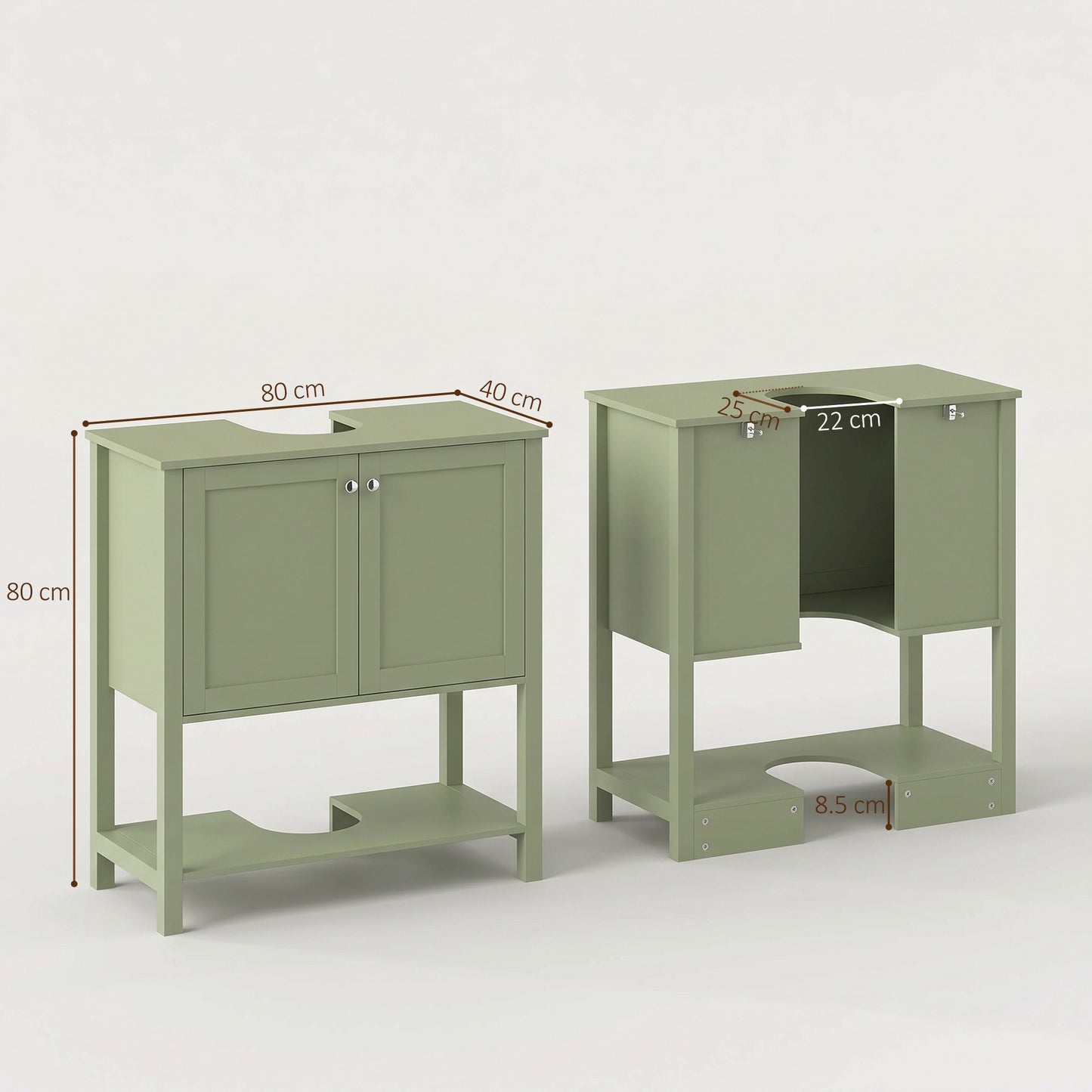 HOMCOM Under Sink Bathroom Cabinet with 2 Doors, Open Shelf and U-Shape Cut-Out for Basin with or without Pedestal, Green