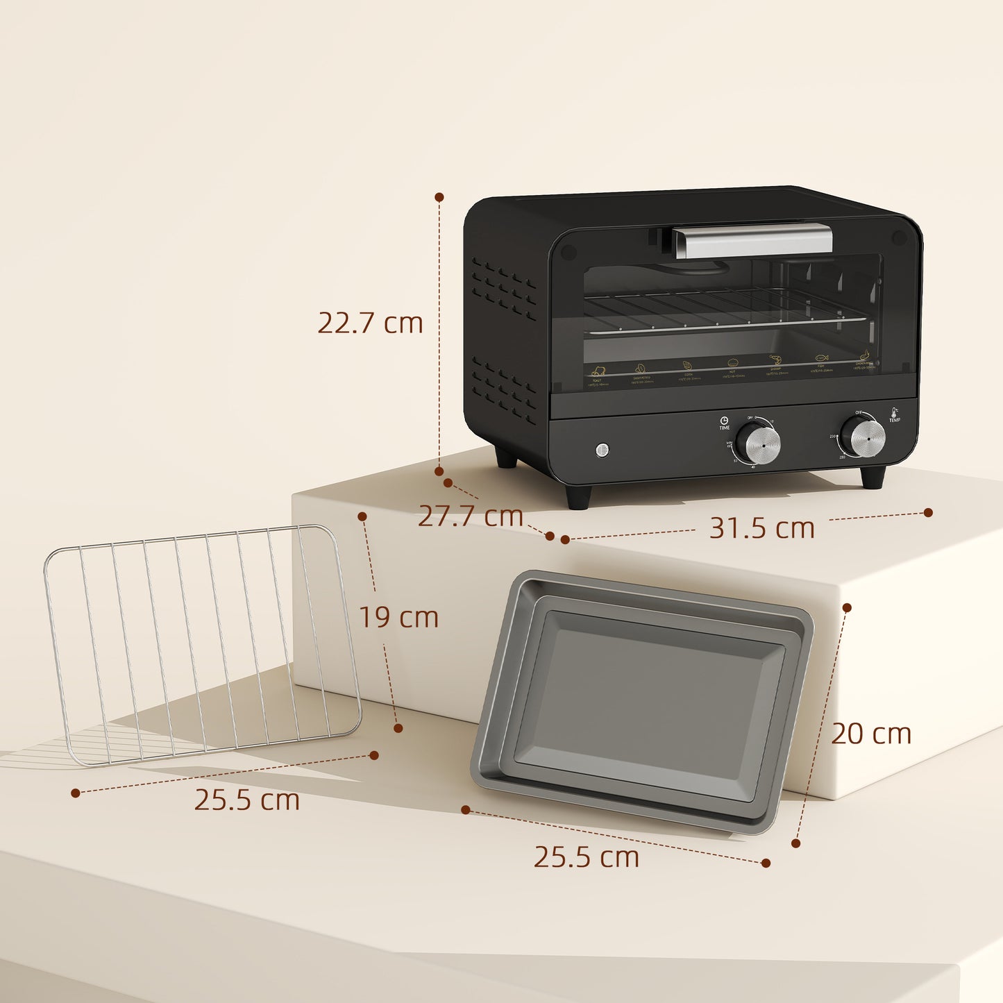 HOMCOM Small Toaster Oven, 12L Multifunction Mini Countertop Oven with Glass Door, Adjustable Temperature and Timer, Black