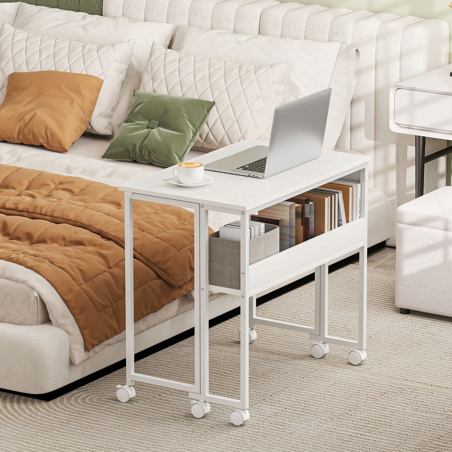 HOMCOM 80 cm Folding Desk with Storage Shelf and Drop Leaf on Wheels - White
