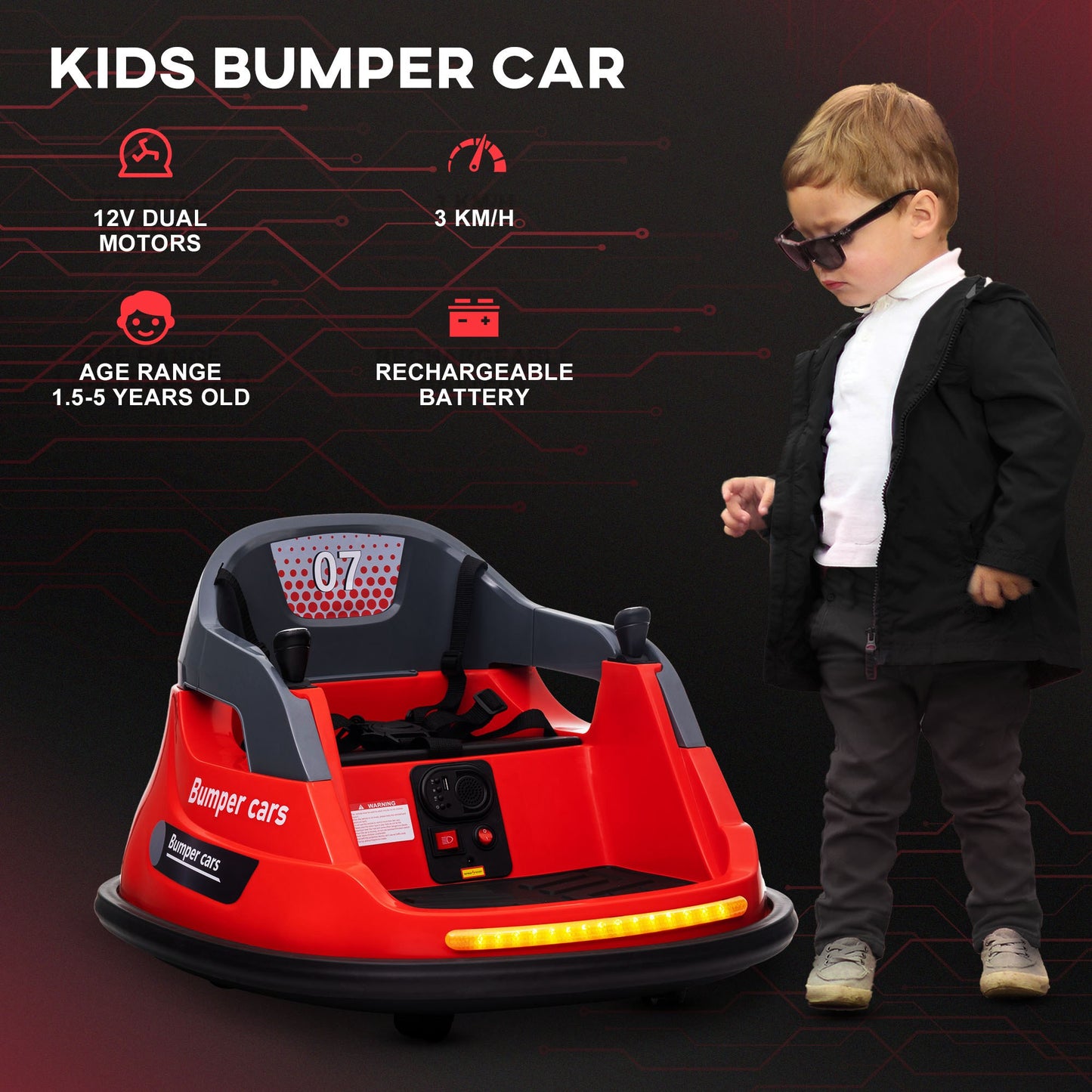 HOMCOM Bumper Car 360° Rotation Spin 12V Kids Electric Car with Lights Music for Ages 1.5-5 Years - Red