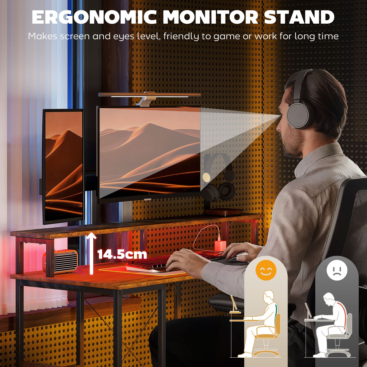 HOMCOM Computer Desk w/ Power Outlets & LED Lights, 120x50cm Reversible Desk, Monitor Stand, Rustic Brown