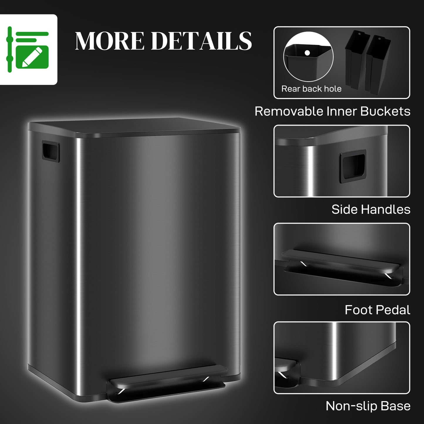 HOMCOM 2x30L Dual Kitchen Bin, Stainless Steel, Soft-Close, Removable Buckets, Black