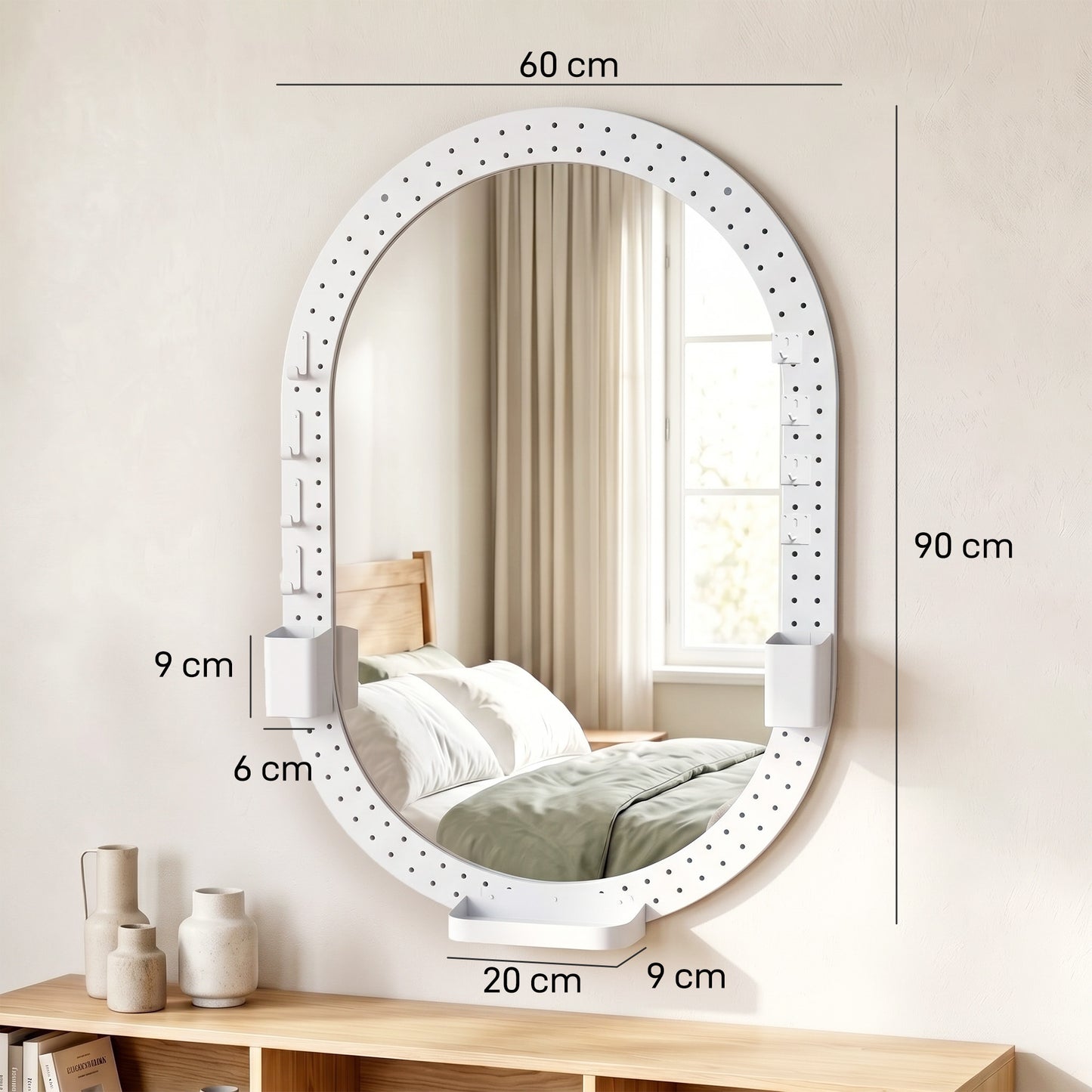 HOMCOM Oval Wall Mirror, 60 x 90 cm Decorative Hanging Mirror with Pegboard Frame, Wall-Mounted, White