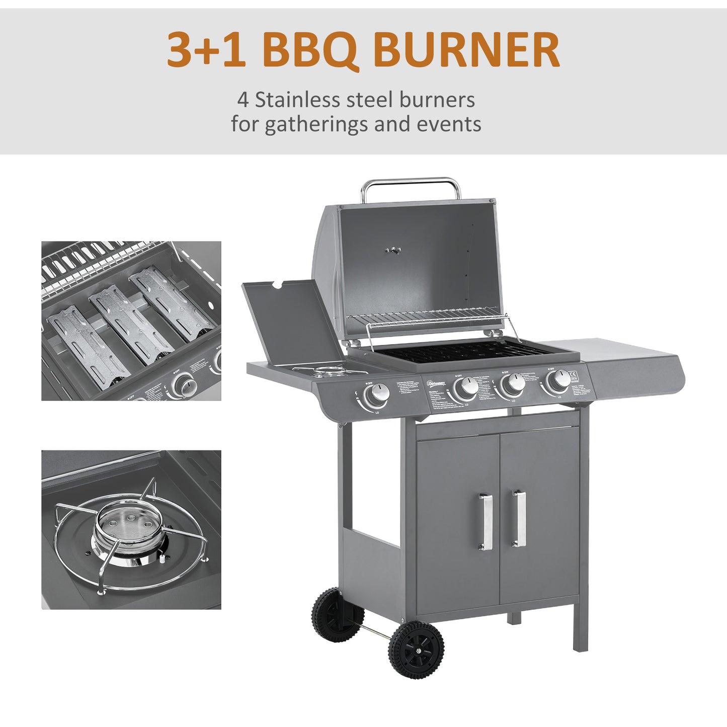 Outsunny 3+1 Burner Gas BBQ Grill, Outdoor Trolley with Wheels, Warming Rack, Side Shelves, Thermometer, Cabinet, 110Lx50Wx100Hcm, Grey