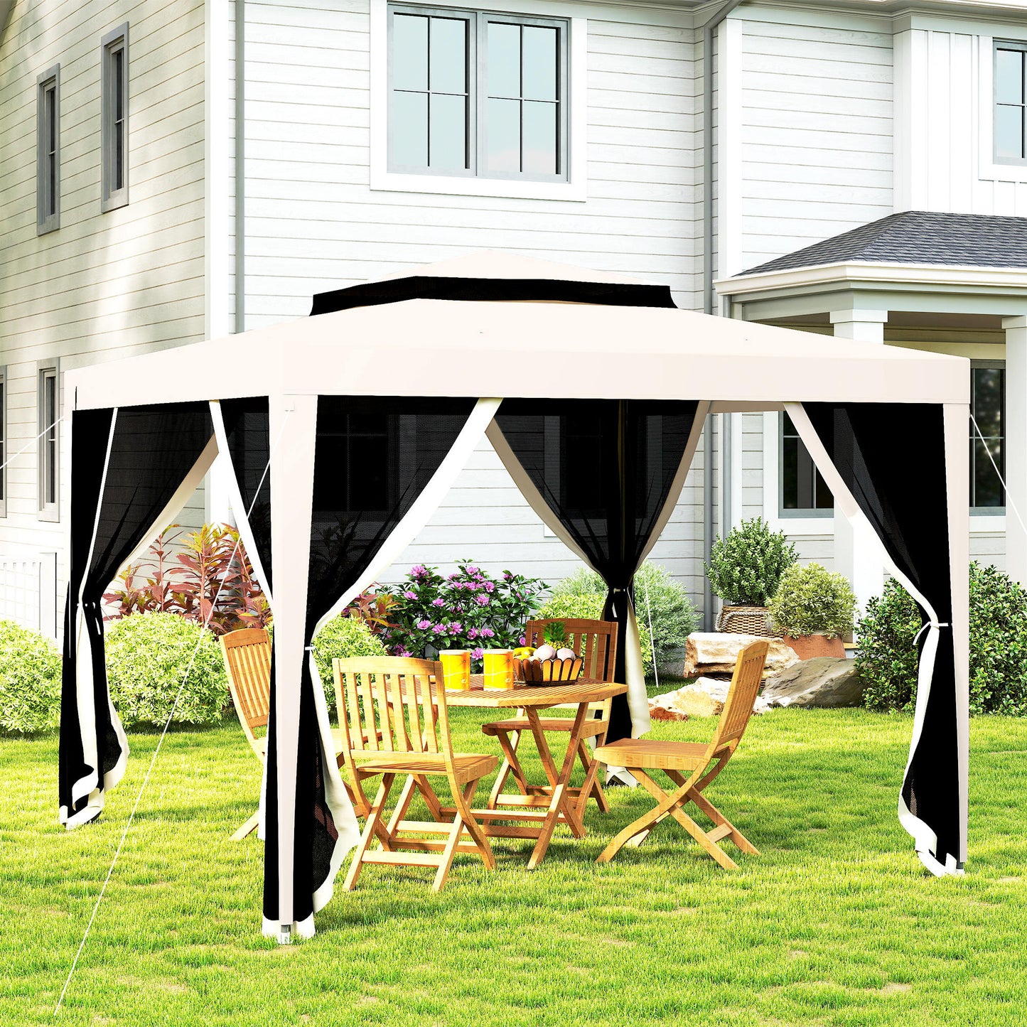 Outsunny 3 x 3 m Gazebo, Netting Party Tent, Patio Canopy Outdoor Event Shelter with Double Tier Roof, Cream White