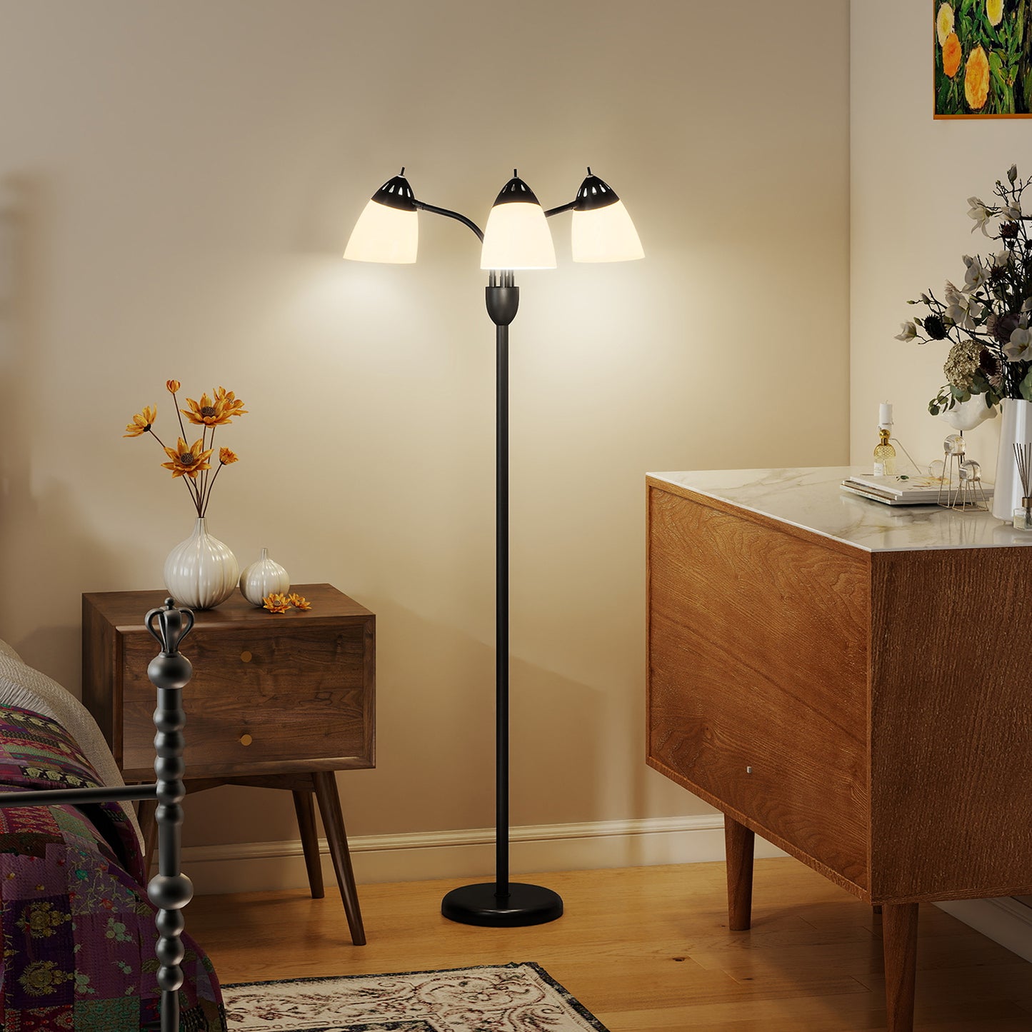 HOMCOM Arc Tree Floor Lamp, 3 Adjustable Lights, 3000K/4500K/6500K Temps, Industrial Steel Frame for Bedroom/Living Room, 155cm, Black