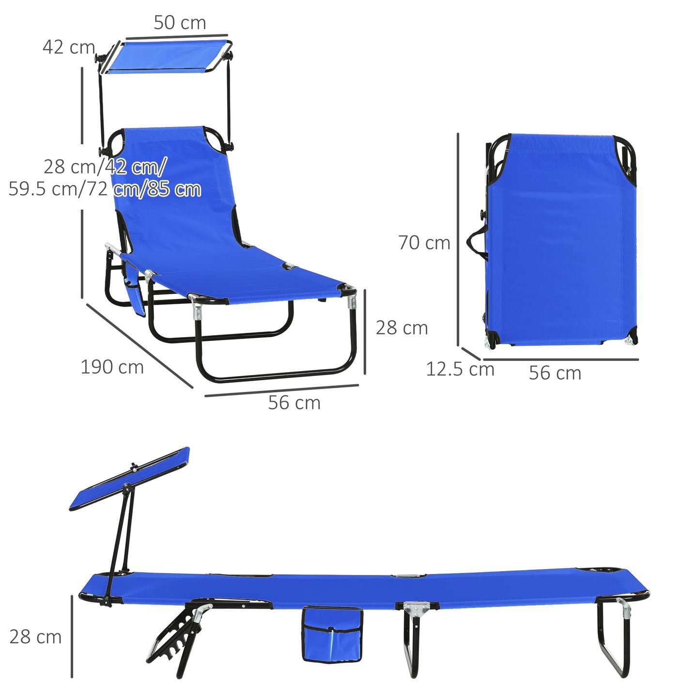 Outsunny 2 Piece Folding Sun Loungers, Adjustable Recliners with Canopy, Steel Frame, Garden/Beach, Blue