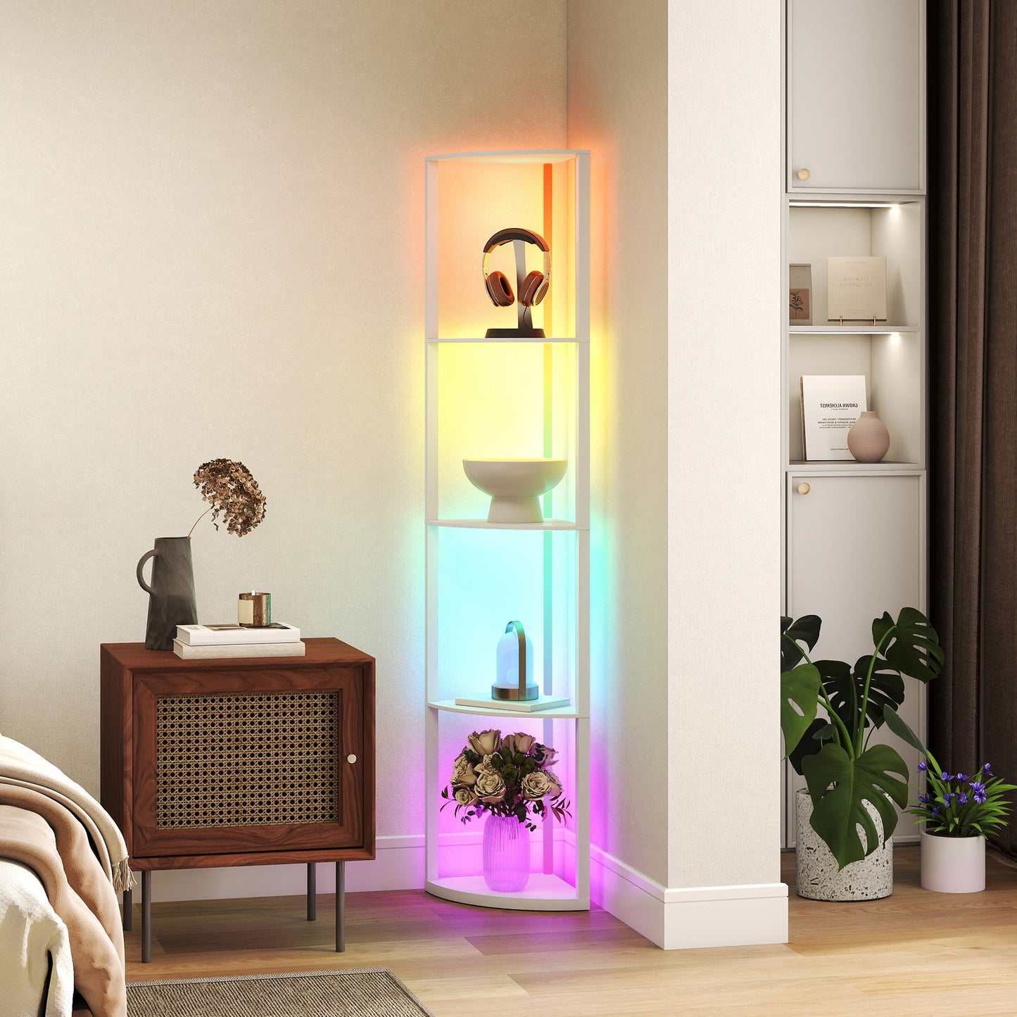 HOMCOM LED Floor Lamp with Shelves, 5-Tier Dimmable Standing Lamp, Adjustable Brightness, Remote Control, Corner Display Shelf Unit, White