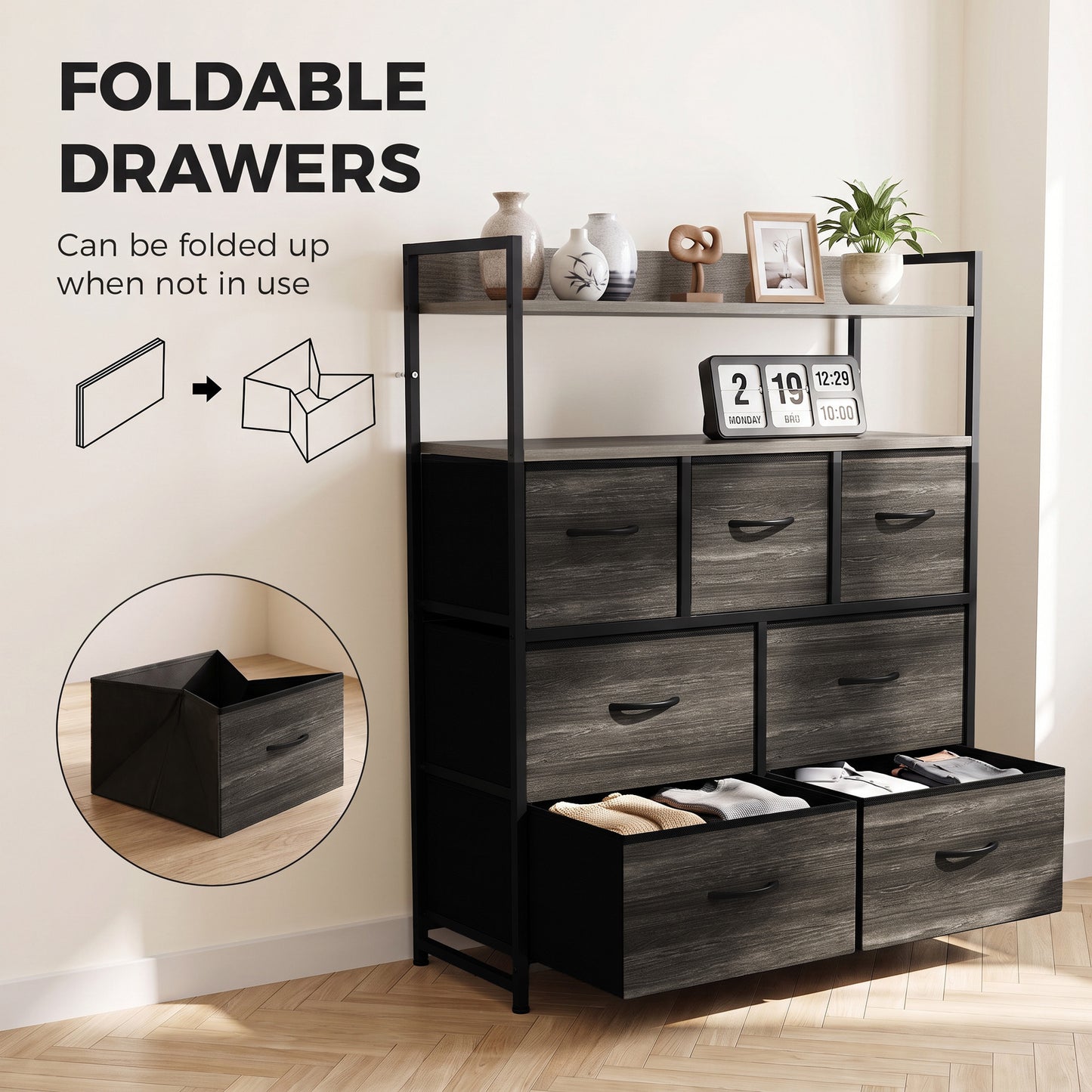 HOMCOM Chest of Drawers, Bedroom Fabric Dresser with 7 Drawers, Storage Organiser Unit with Open Shelves, Grey Wood-Effect