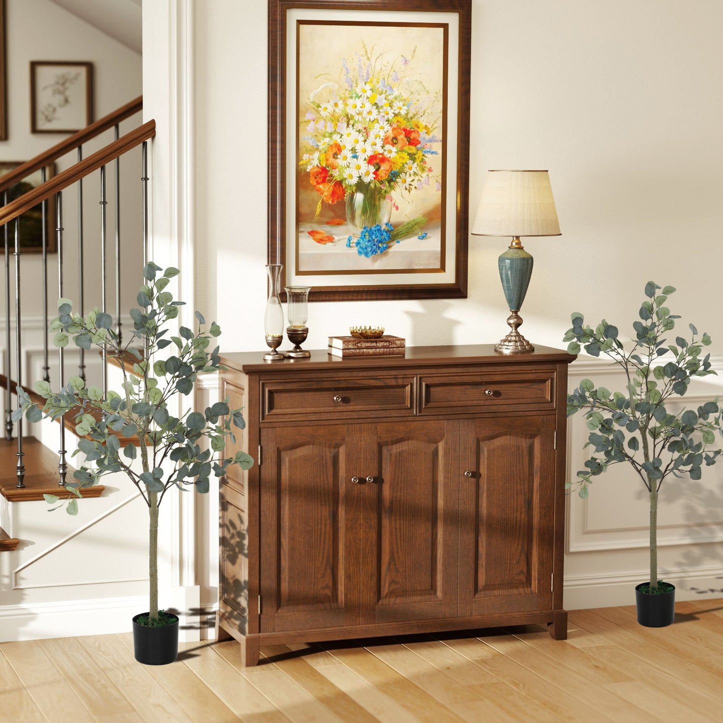 HOMCOM Set of 2 Decorative 4ft Artificial Silk Eucalyptus Trees with 230 Leaves in Pot, Fake Plants for Indoor Decor, Home, Office - Silver Dollar Leaves