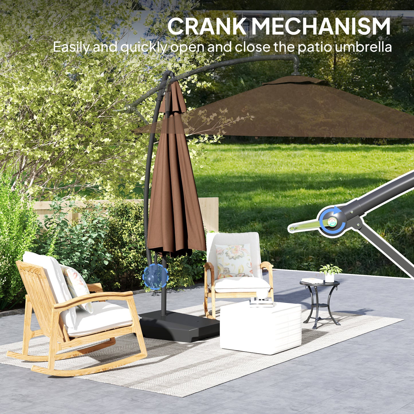 Outsunny Garden Cantilever Parasol with Base, Strap, Cover, Crank Handle, Tilt, UPF50+, Patio Umbrella for Sun Shade, Brown