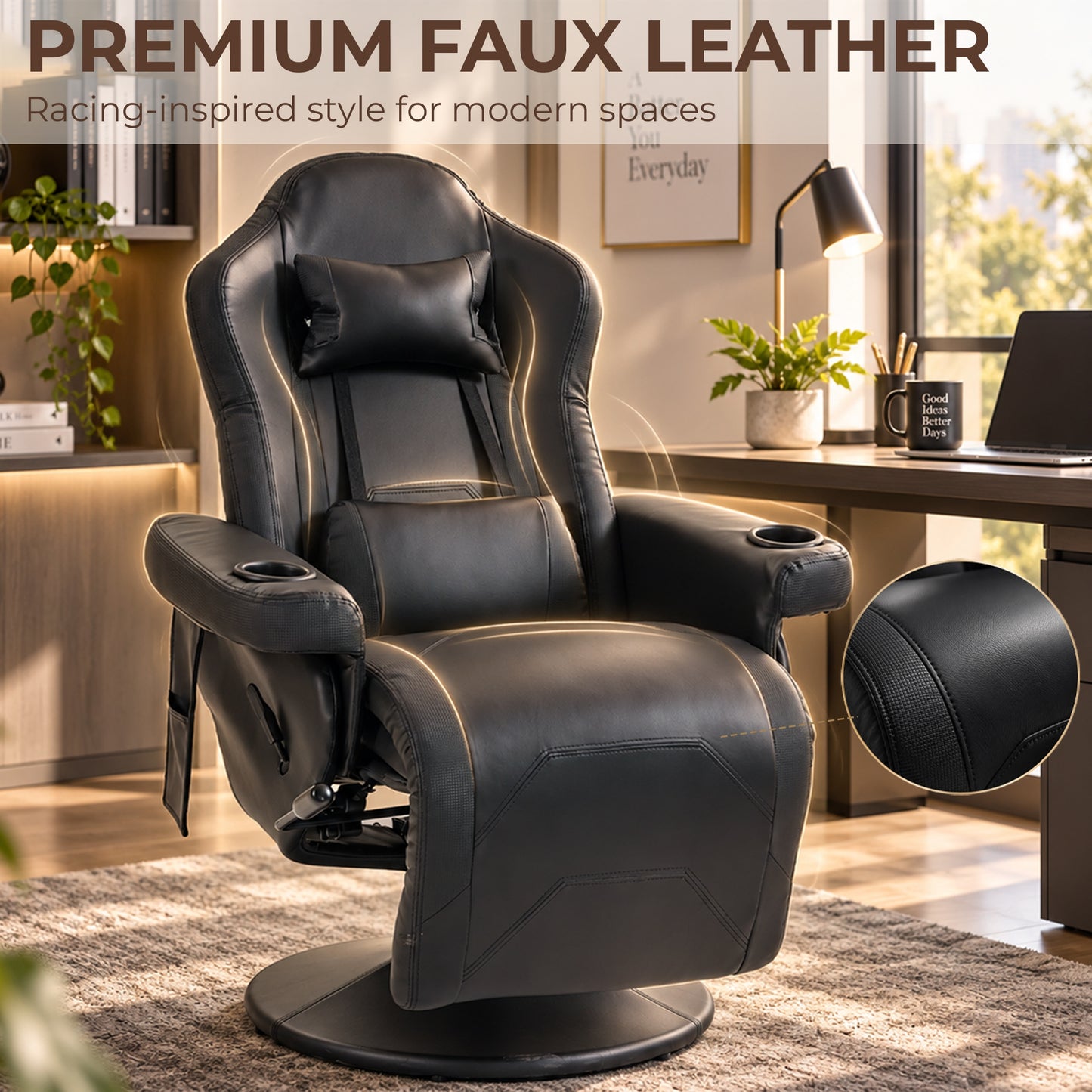 HOMCOM Manual Recliner Armchair PU Leather Lounge Chair w/ Adjustable Leg Rest, 135° Reclining Function, 360° Swivel, Black