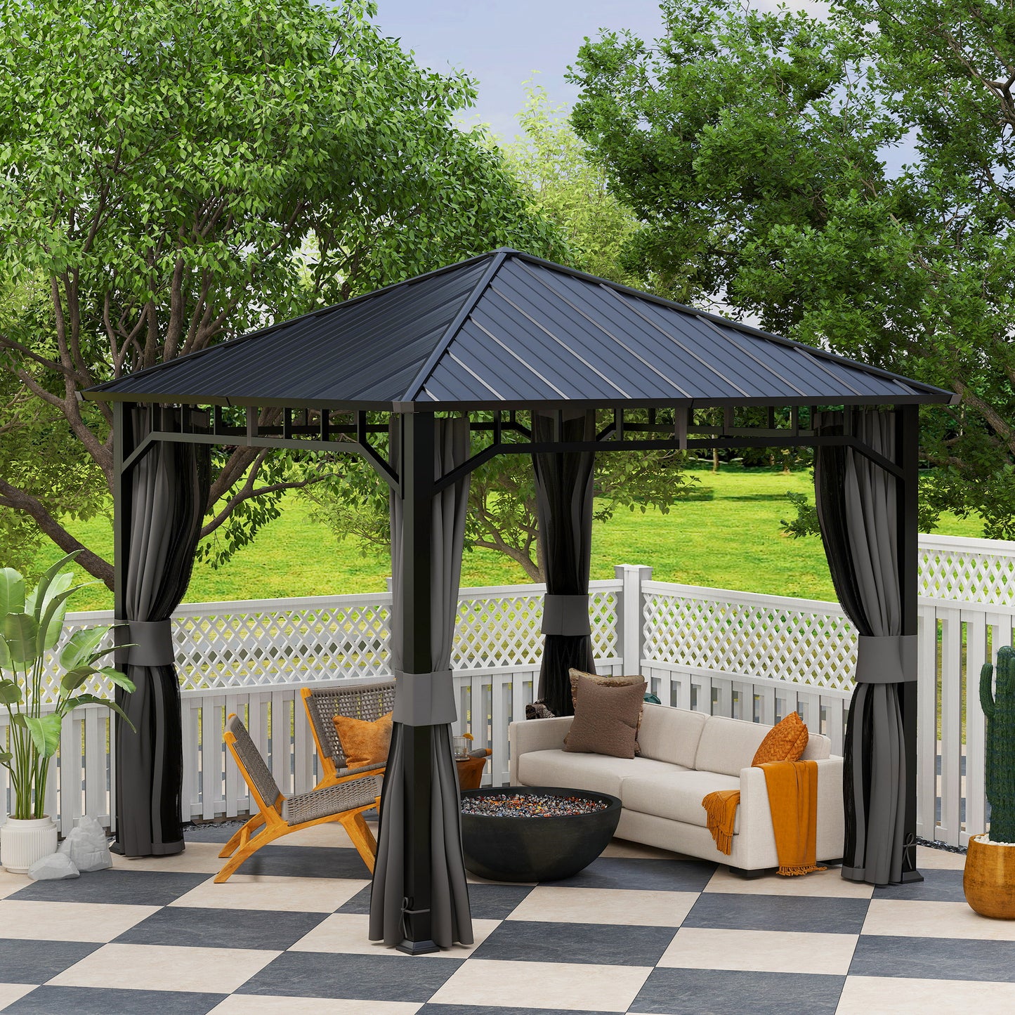 Outsunny Hardtop Gazebo, 3x3m, Steel Roof, Water Gutter, Waterproof Pavilion with Netting/Curtains for Patio/Deck, Garden Gazebo, Black