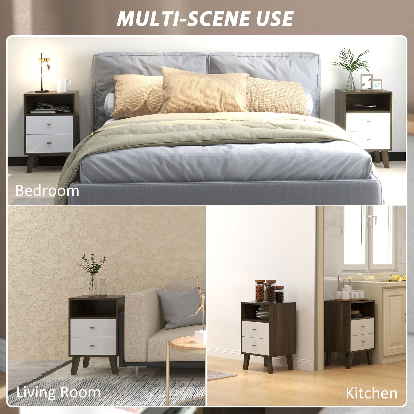 HOMCOM Industrial-Scandinavian Mix Bedside Table, with Drawers and Shelf