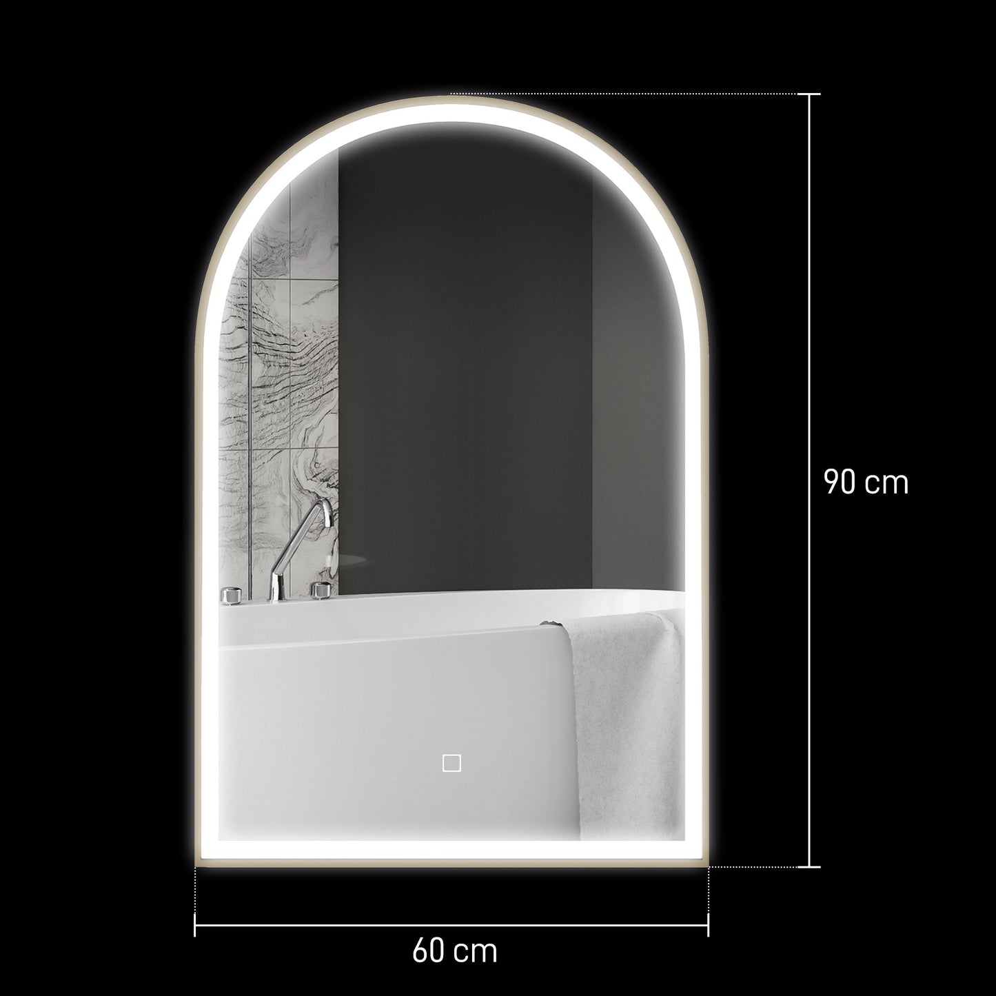 HOMCOM 90 x 60 cm Bathroom Mirror with LED Lights, Anti-Fog Arched Vanity Mirror with 3 Colour Dimmable, Gold Tone