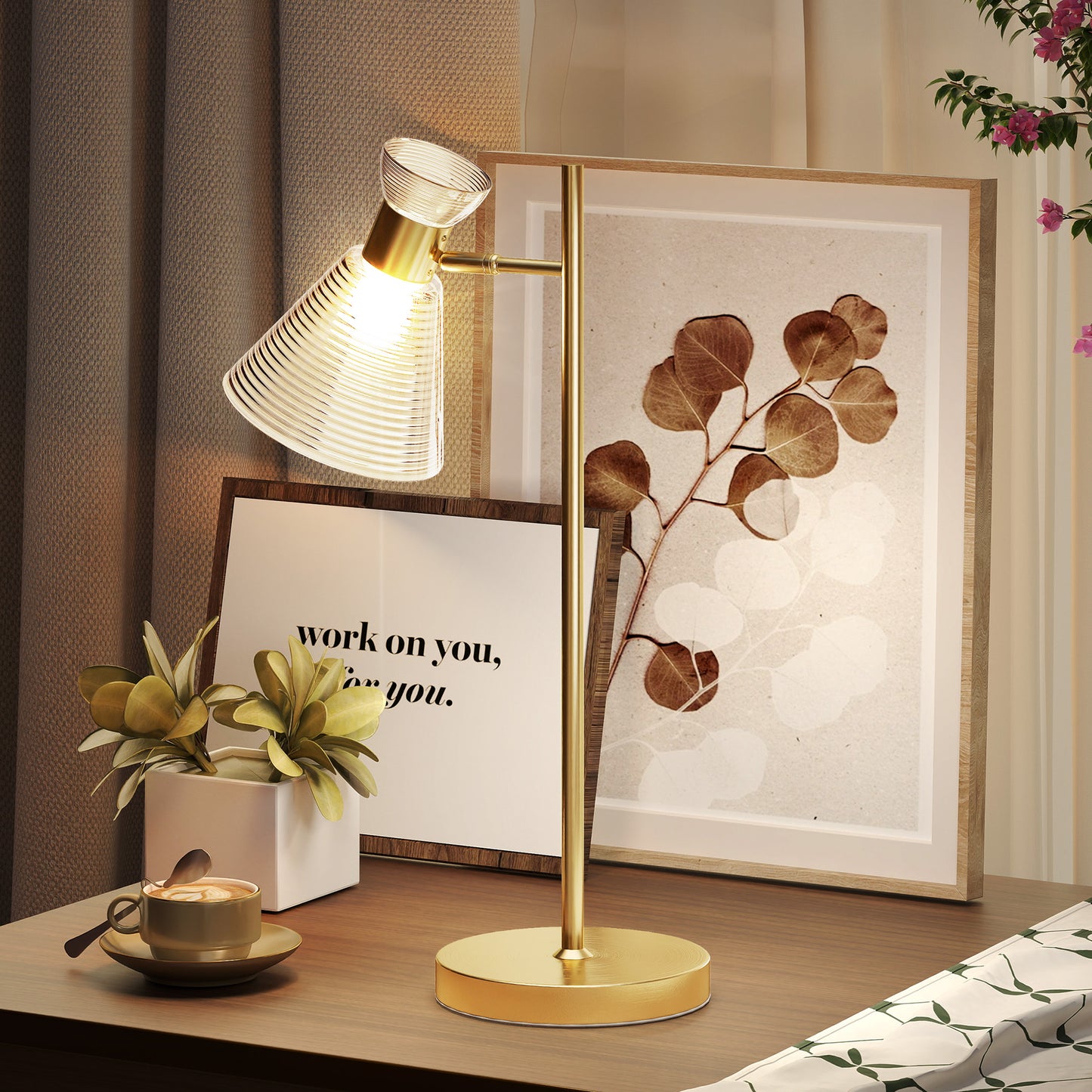HOMCOM Modern Table Lamp, Adjustable Flower-Shaped Head, E27 Socket for Living Room Bedroom Study, Bulb Not Included, Gold Tone