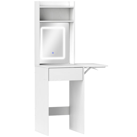 HOMCOM Small Vanity Desk with Mirror and LED Lights, Compact Dressing Table with Drop Leaf, Open Shelves and Drawer, White