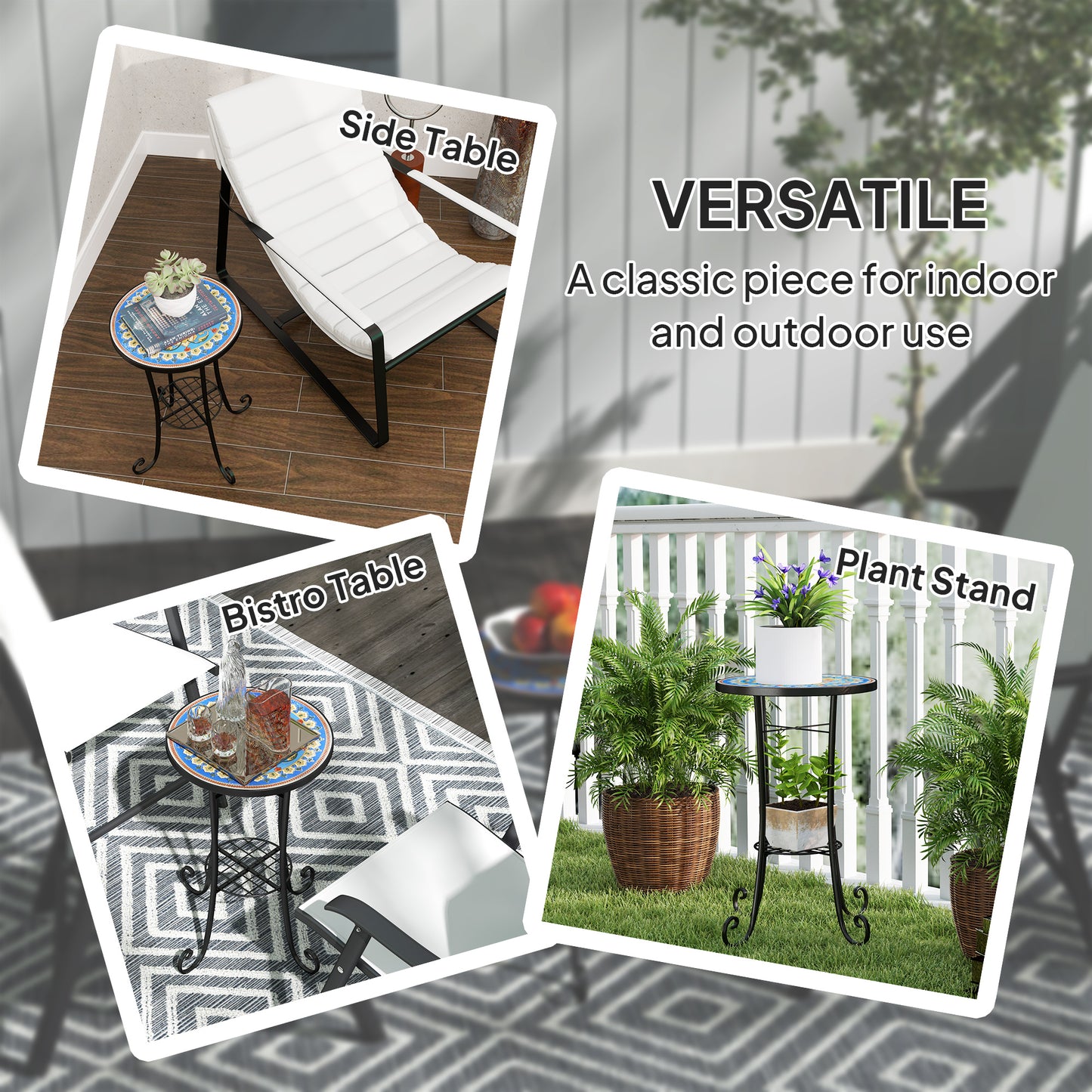 Outsunny Mosaic Garden Table, 35.5 cm Round, Ceramic Tile Top, Side Table/Plant Stand, Blue for Patio/Balcony