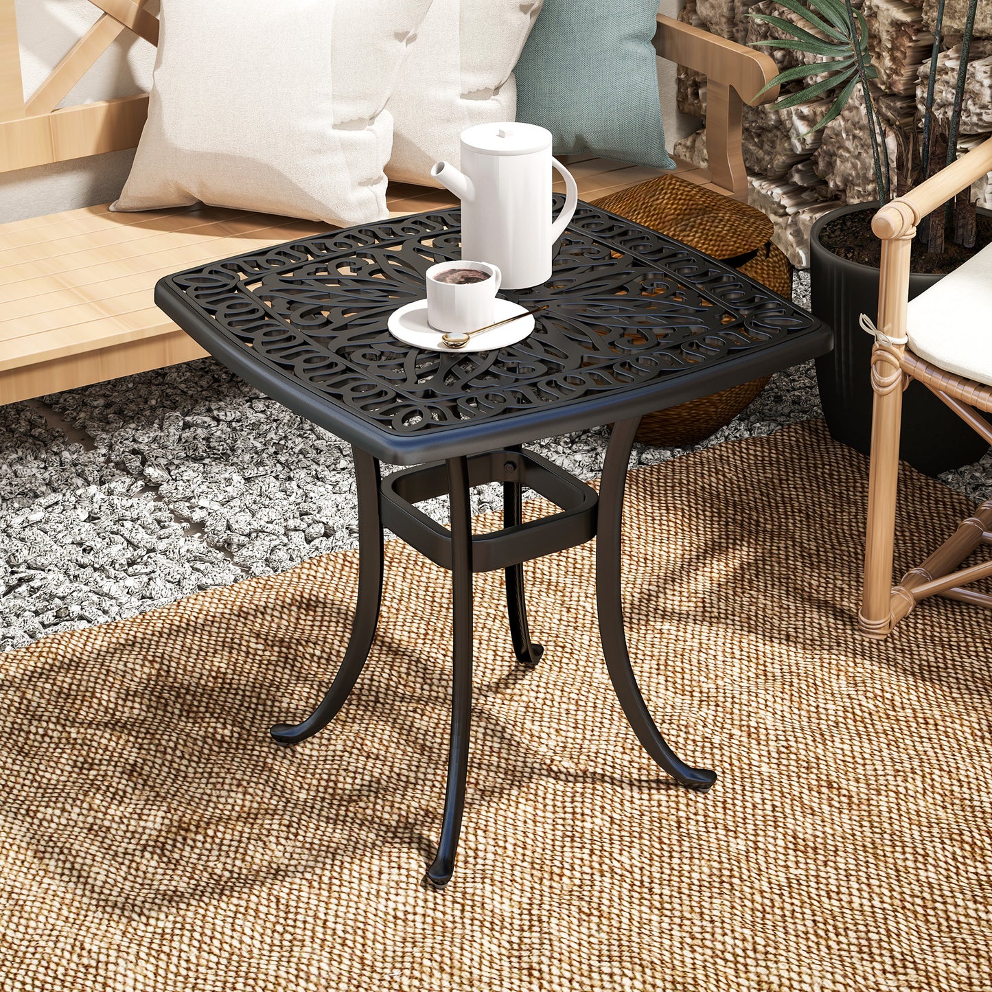 Outsunny Cast Aluminium Garden Table, 38mm Umbrella Hole, Anti-slip Feet, 54 x 54cm, Black