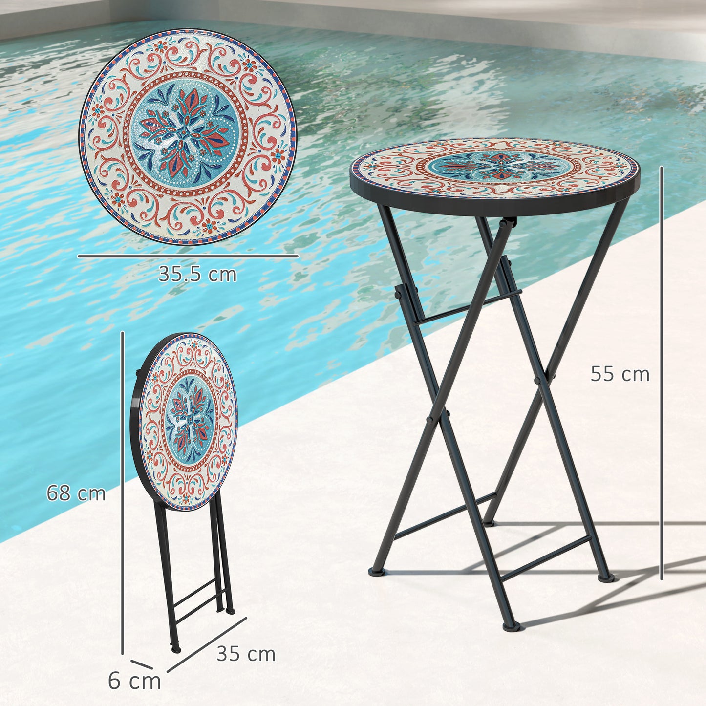 Outsunny Mosaic Garden Table, 35.5cm Round Folding Coffee Table with Metal Frame, Indoor Outdoor Table for Balcony Terrace, Multicolour