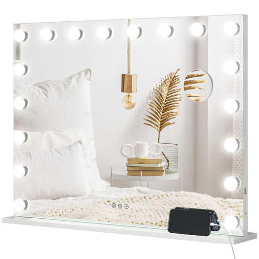 HOMCOM Hollywood Vanity Mirror with Lights, 80x62 cm, 18 LEDs, 3 Colours, 10X Magnifying, USB, Touch Screen, Tabletop/Wall Mount, White