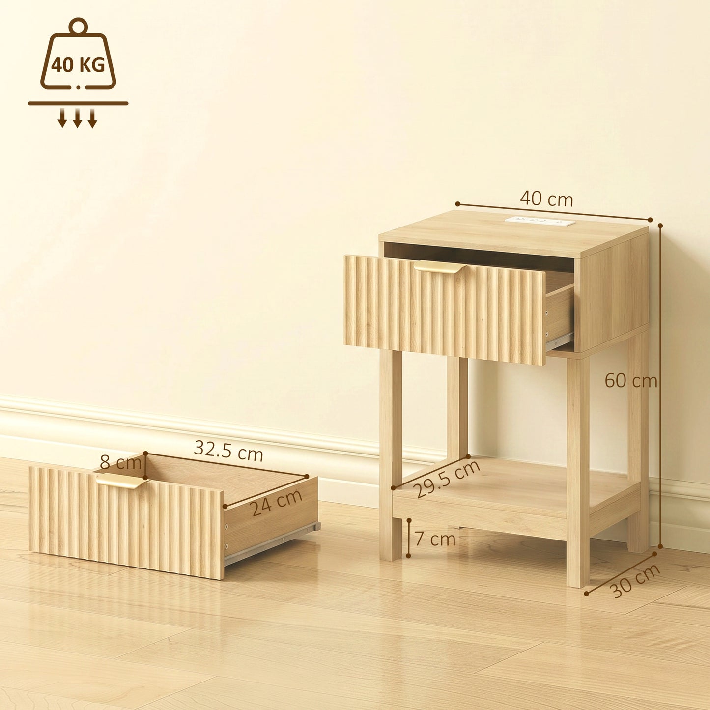 HOMCOM Modern Fluted Nightstand Set of 2, Bedside Table with Charging Station, Drawer and Open Shelf for Bedroom, Oak