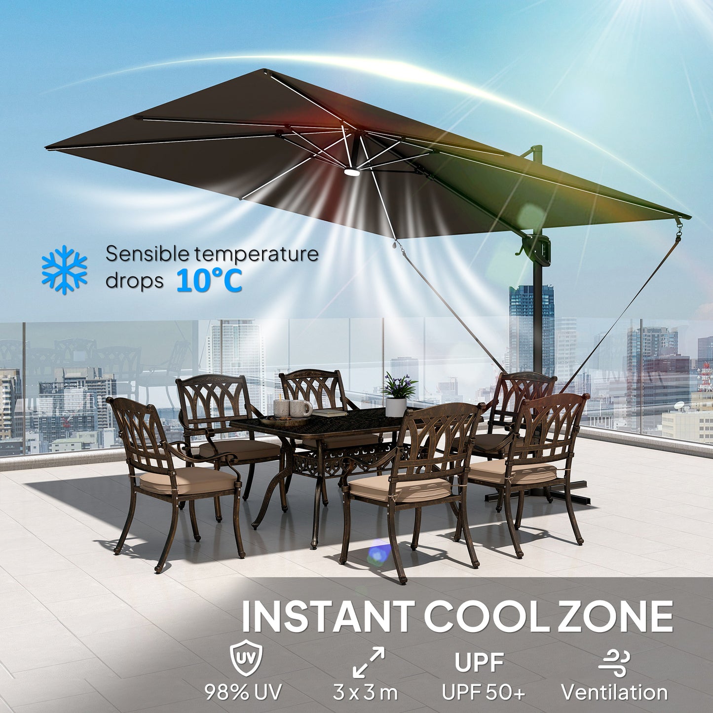Outsunny 3 x 3 m Garden Cantilever Parasol w/ Light, Cover, UPF50+ Patio Umbrella w/ Wind Protection, 360° Rotation, Dark Grey