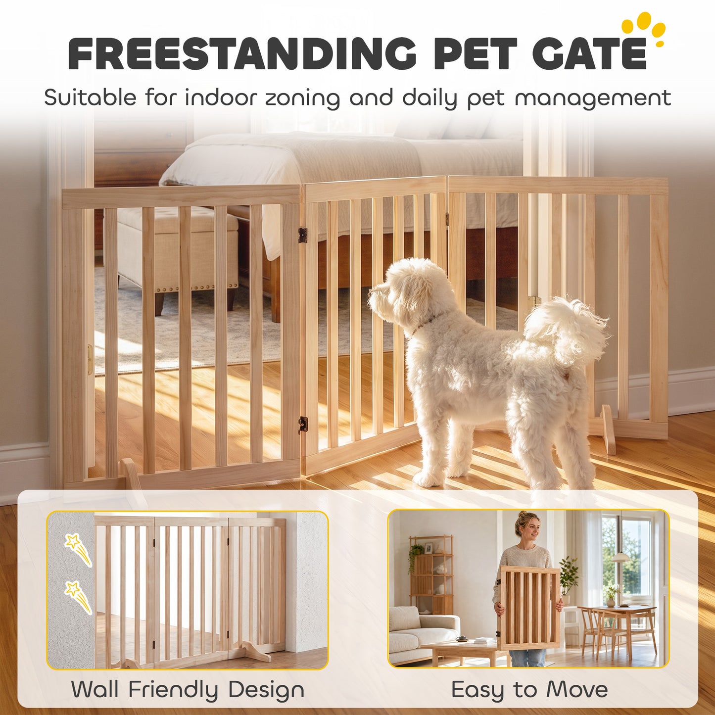 PawHut Wooden Dog Gate, 3-Panel Freestanding Pet Gates Indoor with 2 Support Feet and 360° Flexible Hinges, Natural