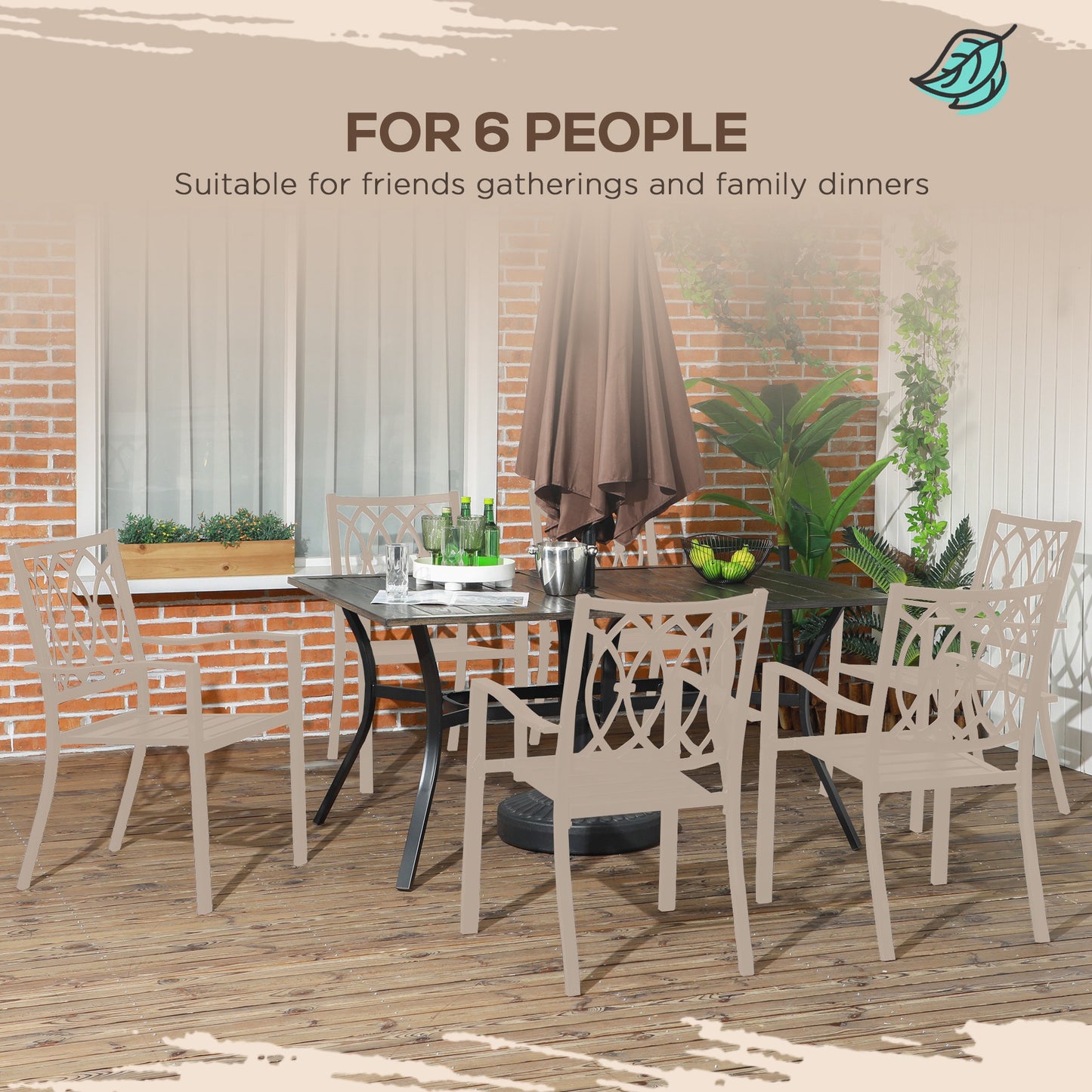 Outsunny Six-Seater Steel Garden Table with ⌀41mm Parasol Hole - Wood-Effect
