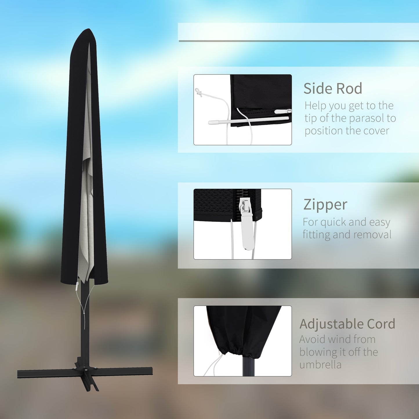 Outsunny Garden Parasol Cover, Outdoor Patio Umbrella Protector Weatherproof Garden Patio with Rod, Zipper for 2-4m Parasol, Ø60 x 160cm, Black