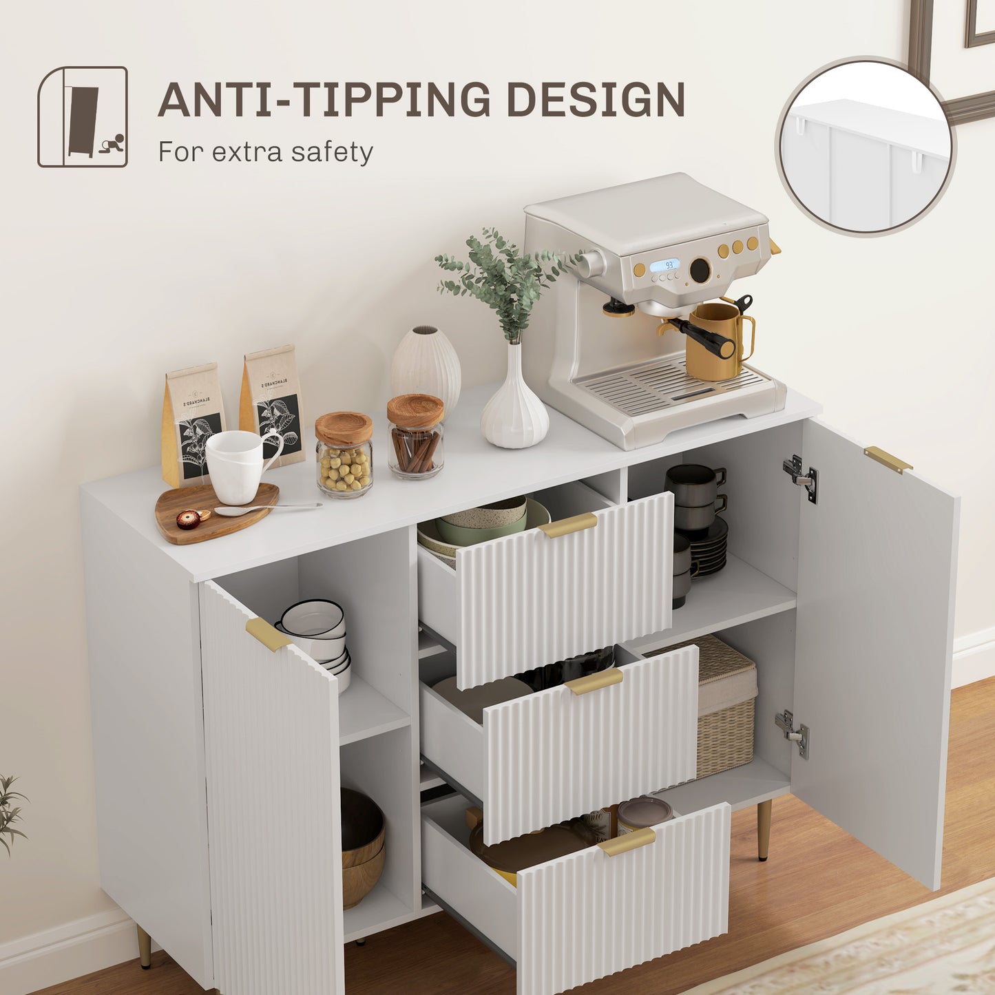 HOMCOM Sideboard Buffet Cabinet, Modern Kitchen Storage with 3 Drawers & Adjustable Shelves, White